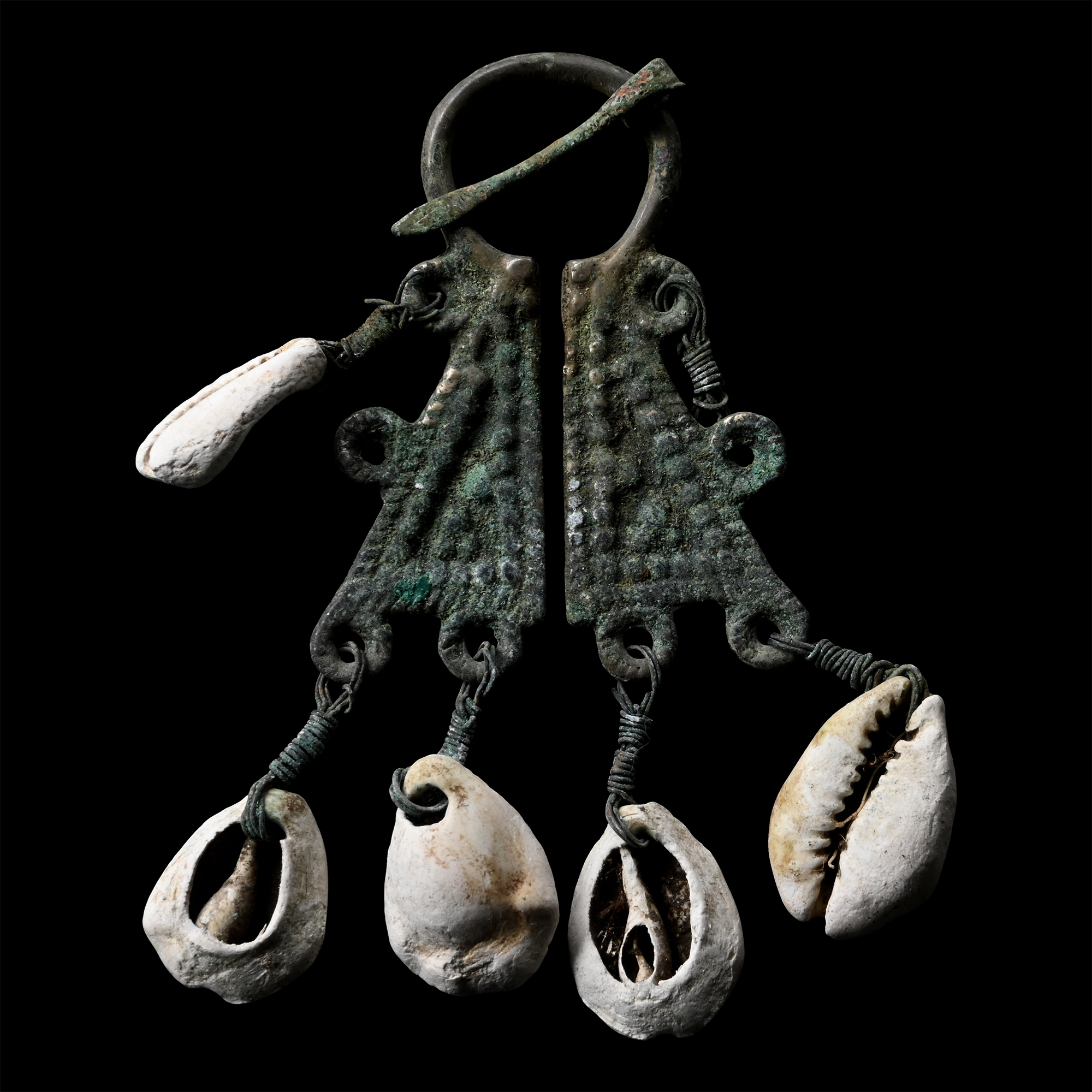 Viking Age Bronze Omega Brooch with Shell Dangles