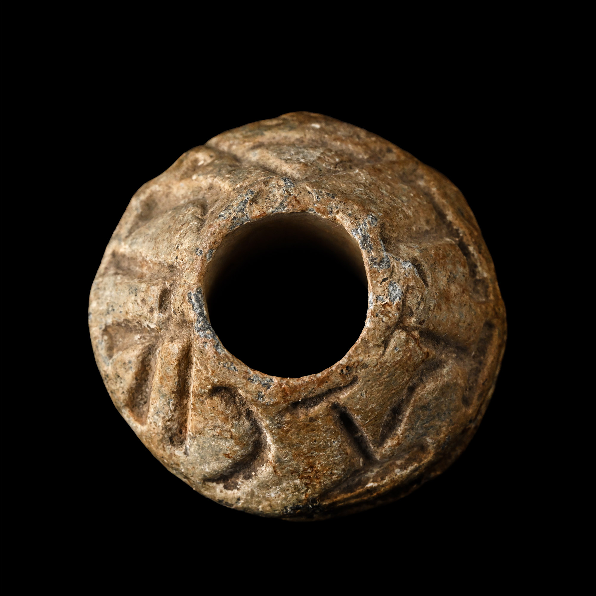 Medieval Lead Spindle Whorl with Inscription