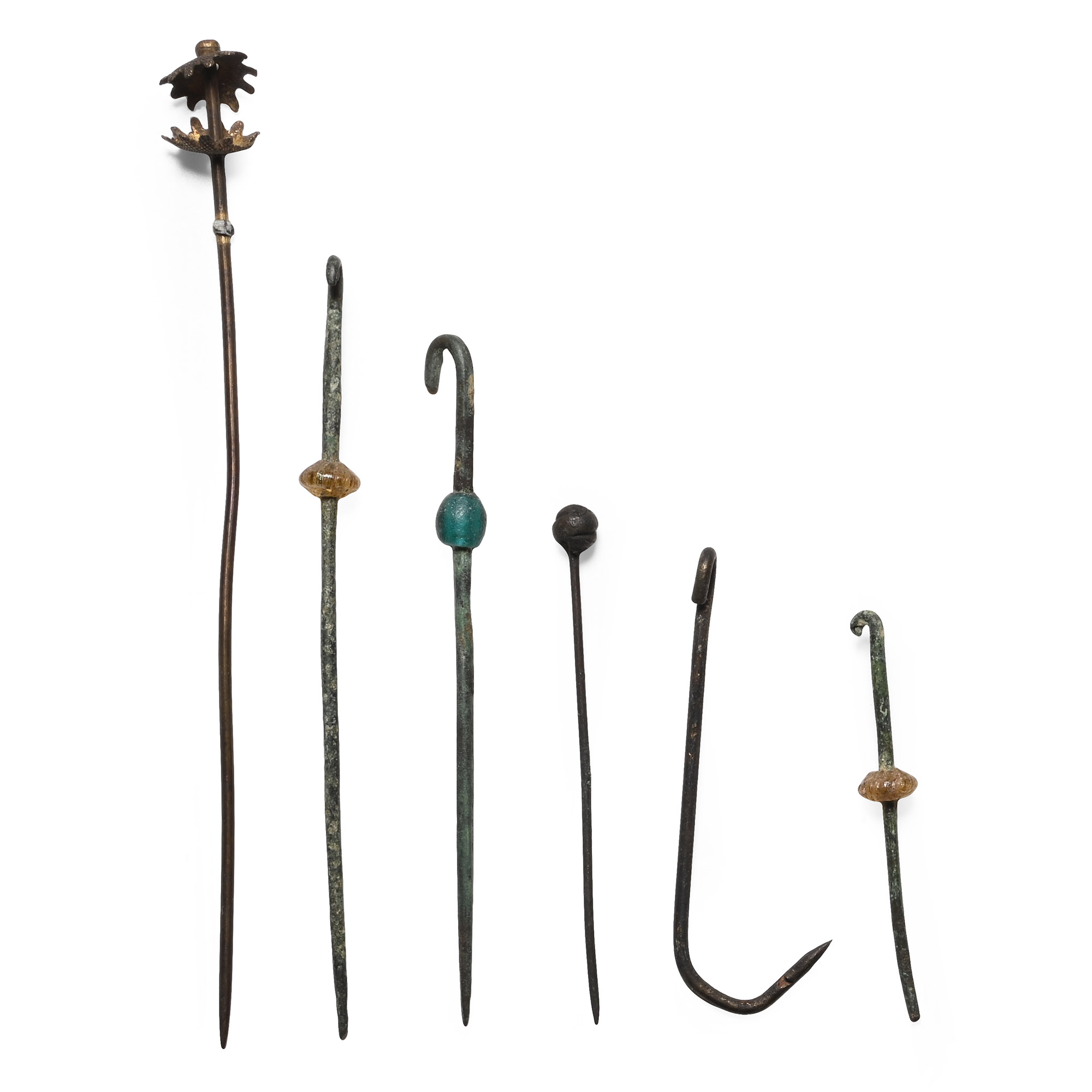 Medieval Bronze Pin and Fish Hook Group