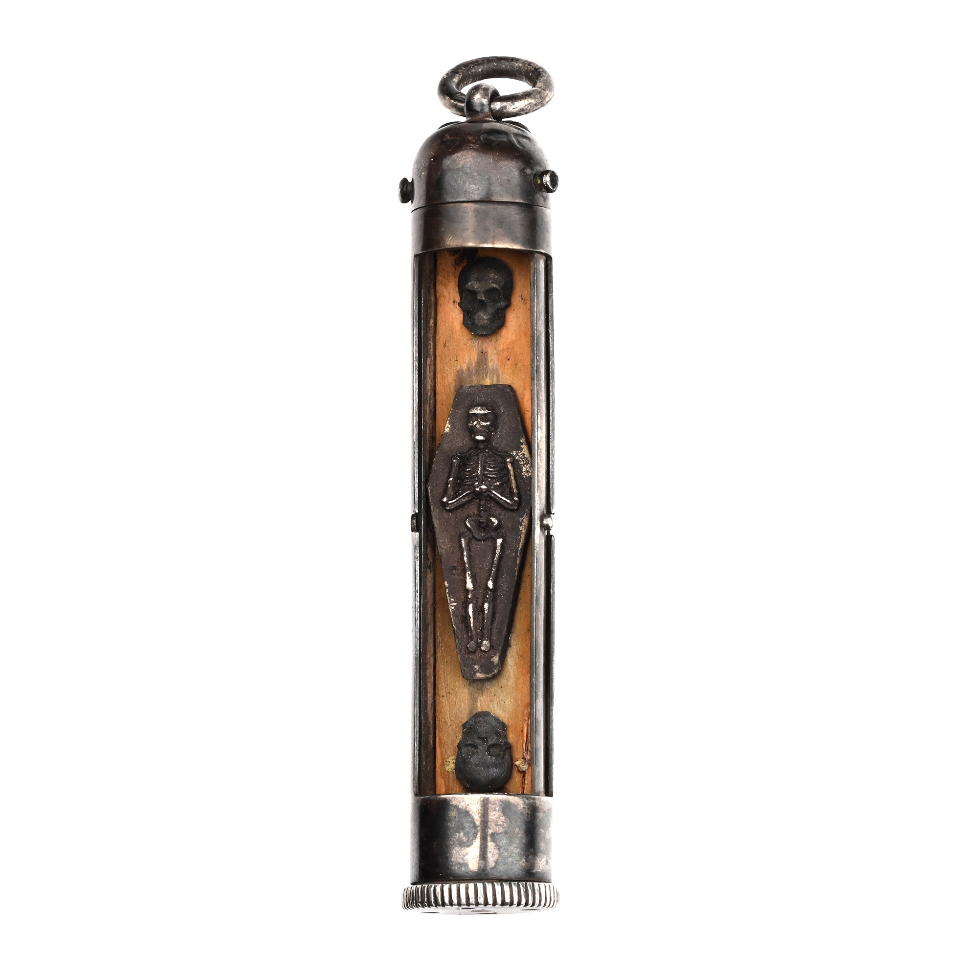 Antique Silver Memento Mori Pendant with Skulls and Skeleton