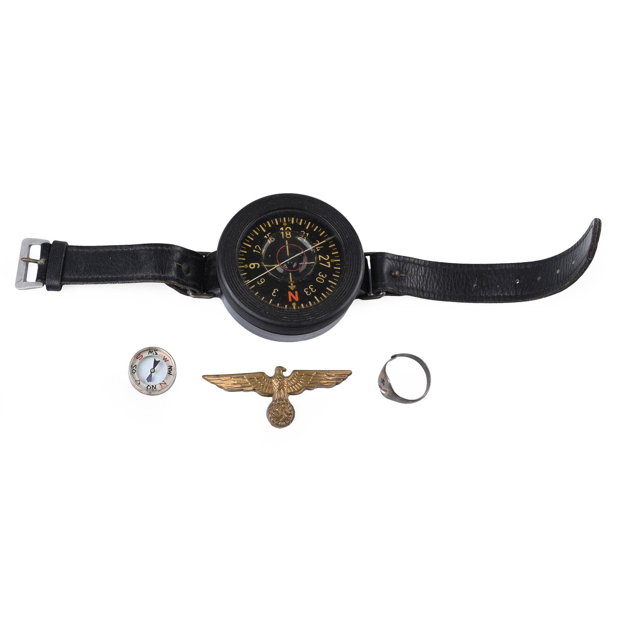 German Luftwaffe WWII Wrist Compass, Escape Compass, Ring and Kriegsmarine Badge
