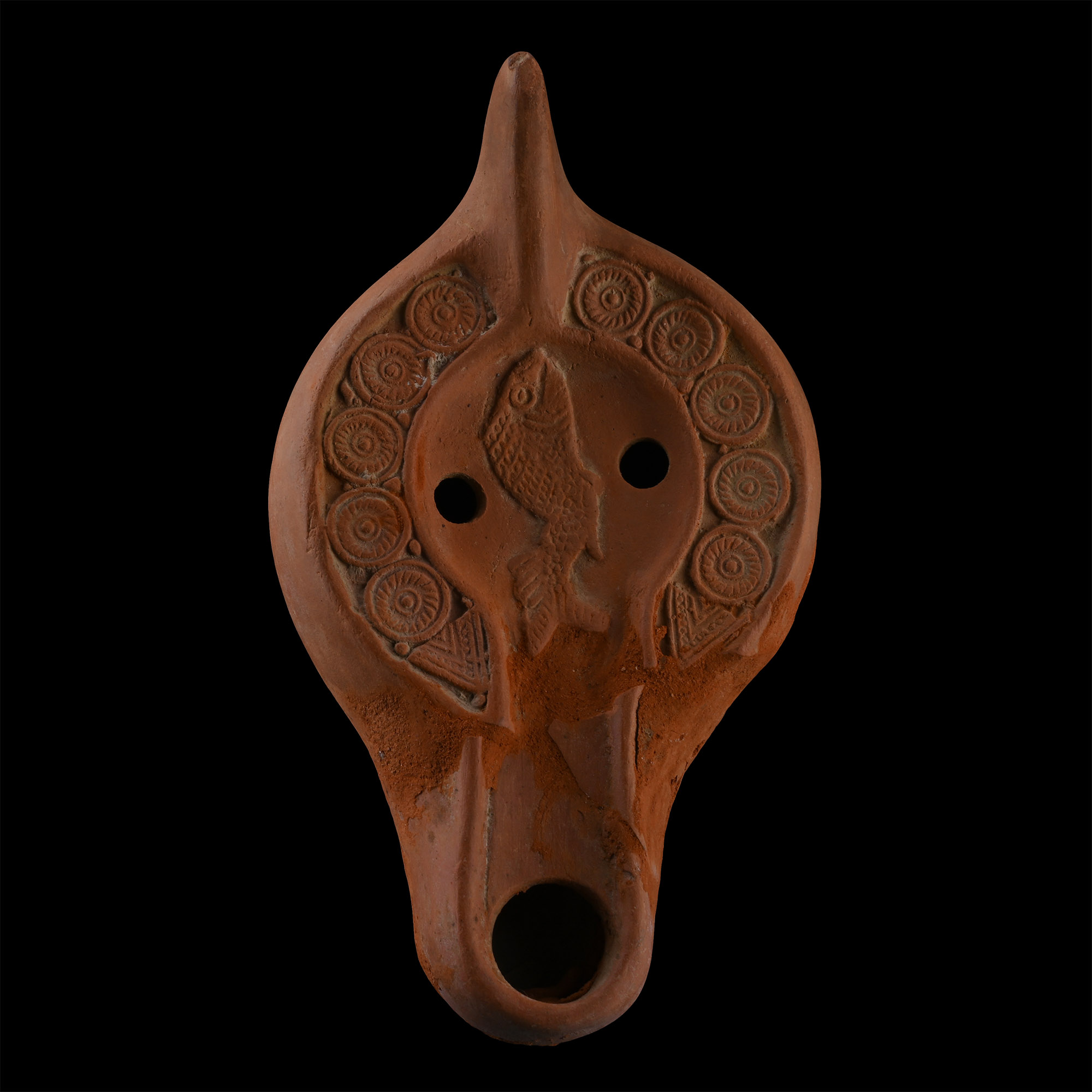 Late Roman Red Ware Oil Lamp with Fish