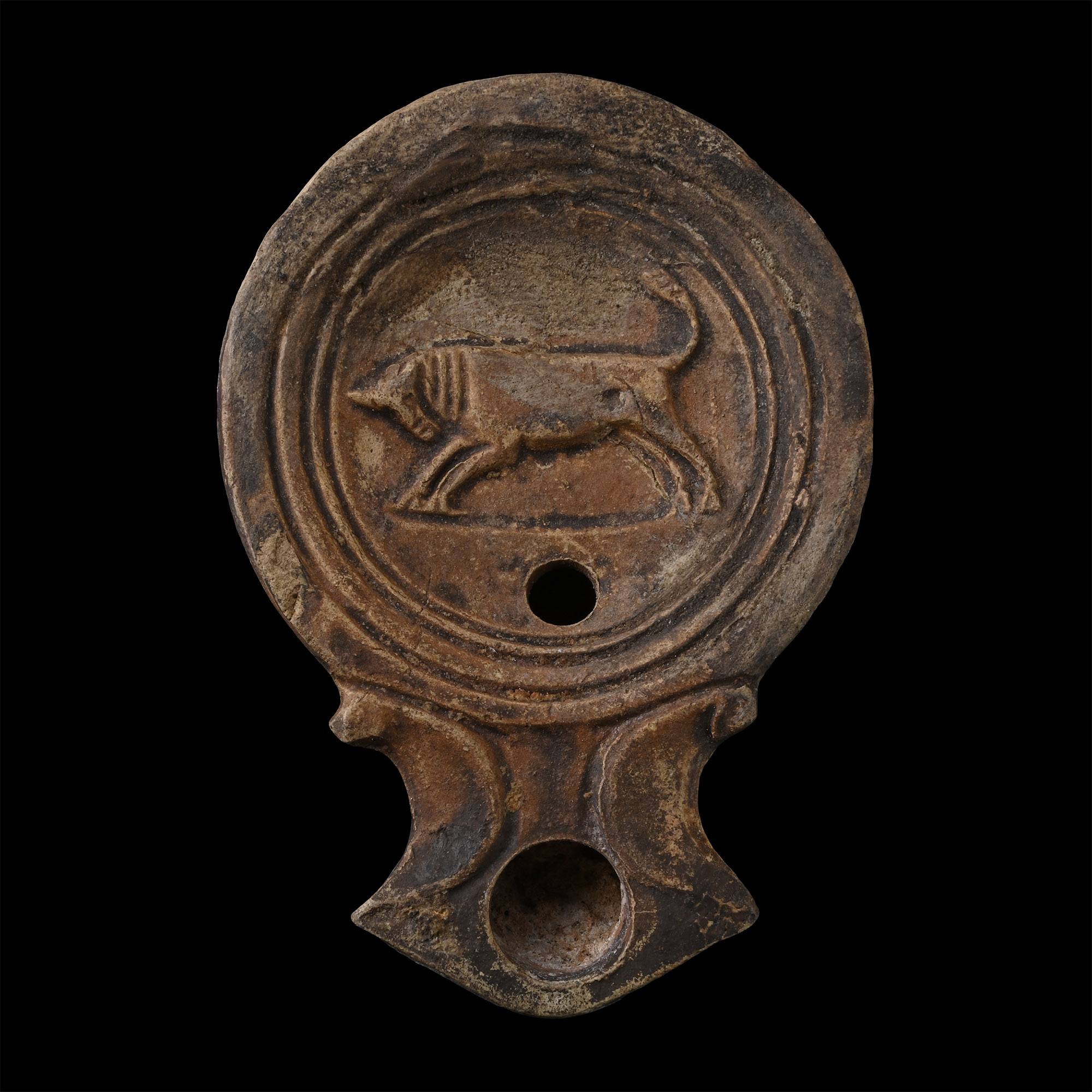 Roman Terracotta Oil Lamp with Butting Bull