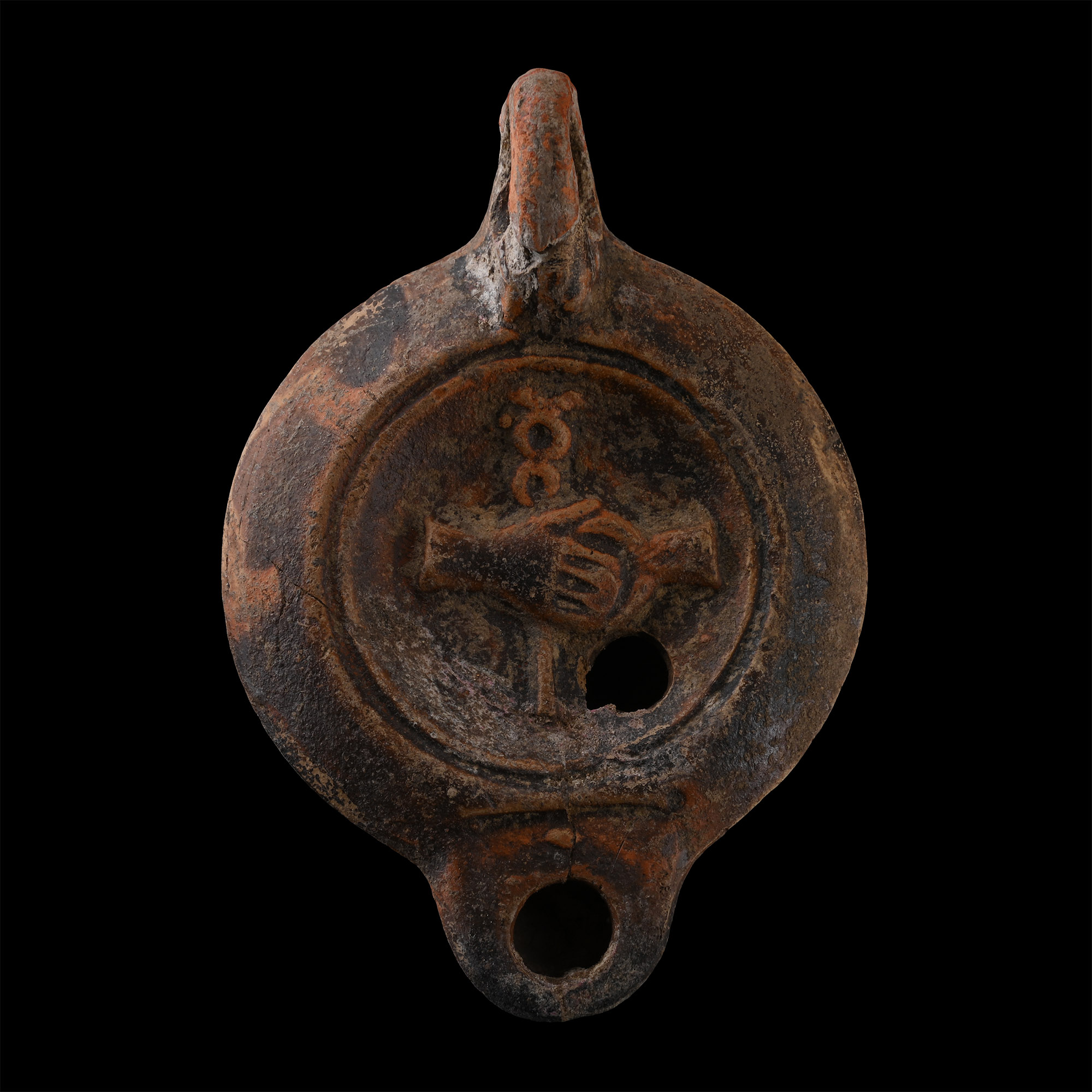 Roman Terracotta Oil Lamp with Clasped Hands Holding a Caduceus