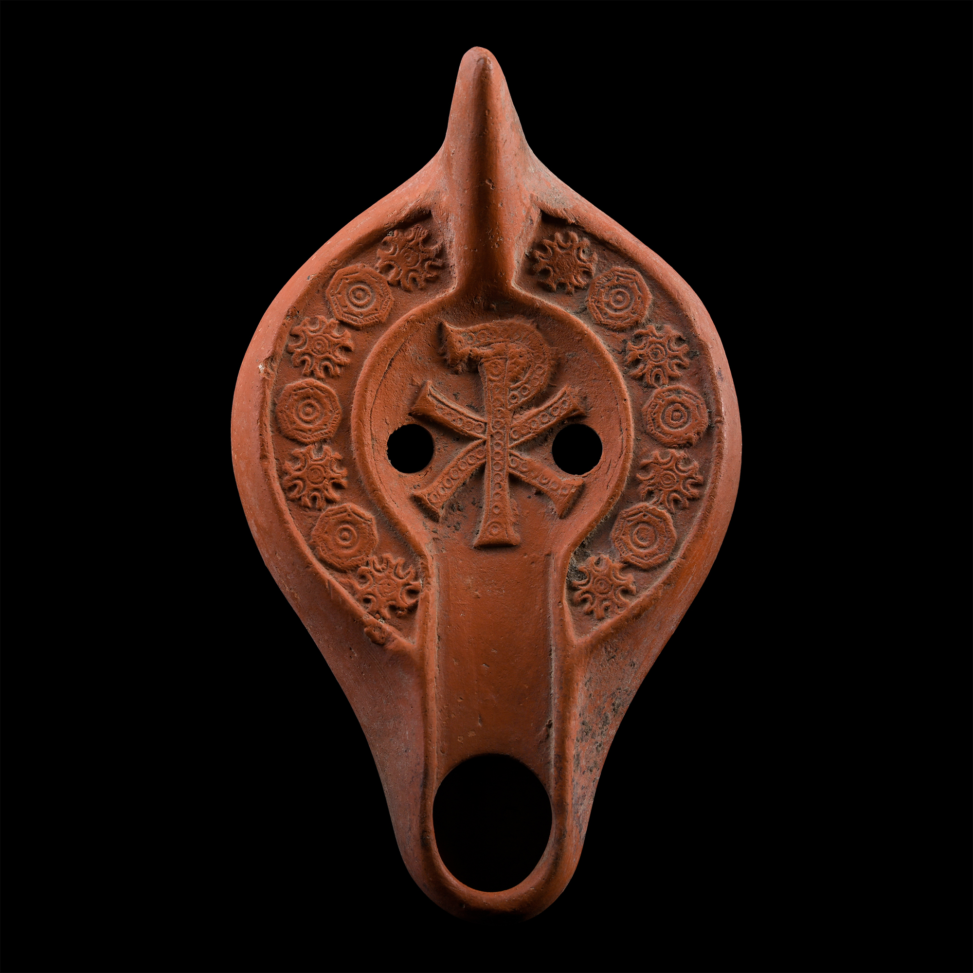 Late Roman Red Ware Oil Lamp with Chi Rho