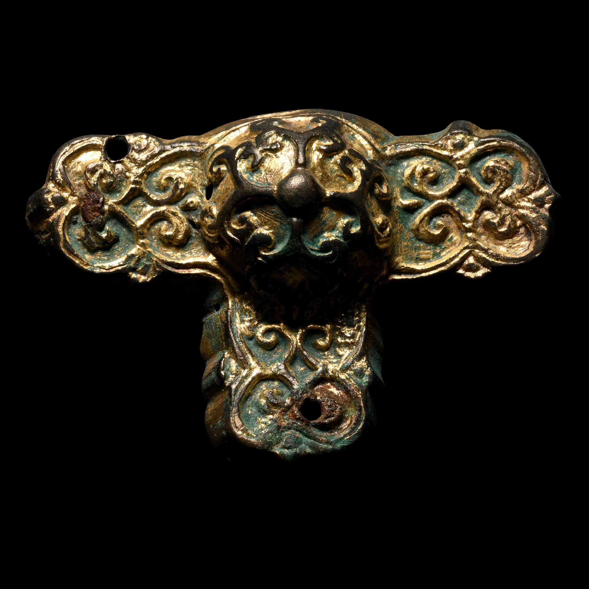 Medieval Gilt Bronze Horse Harness Mount with Floral Cross