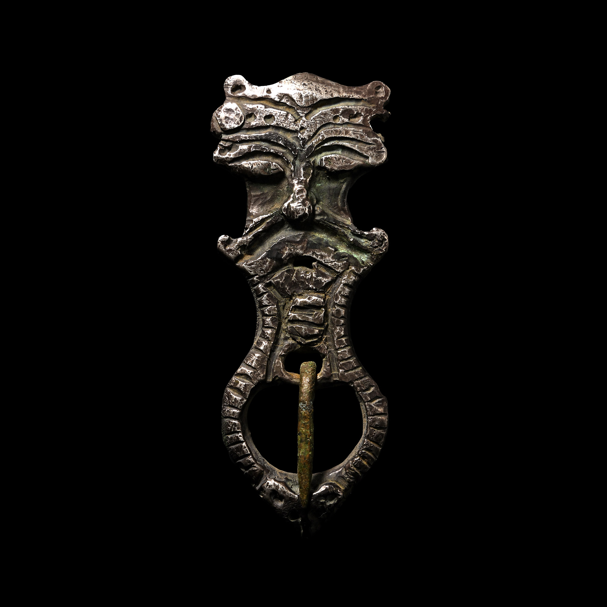 Viking Silver Buckle with Moustachioed Face