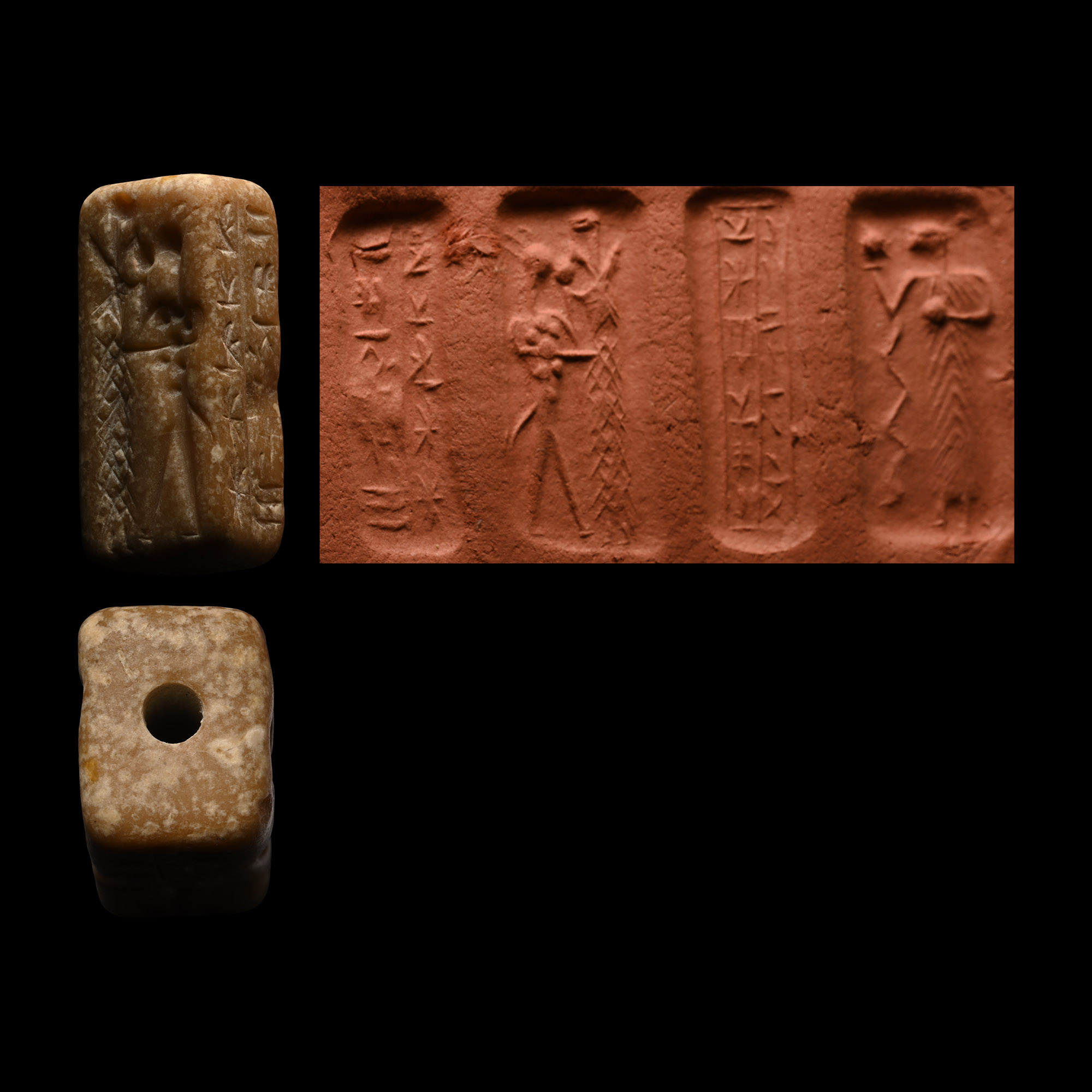 Mesopotamian Cream Steatite Four-Sided Seal with Figures and Cuneiform Text