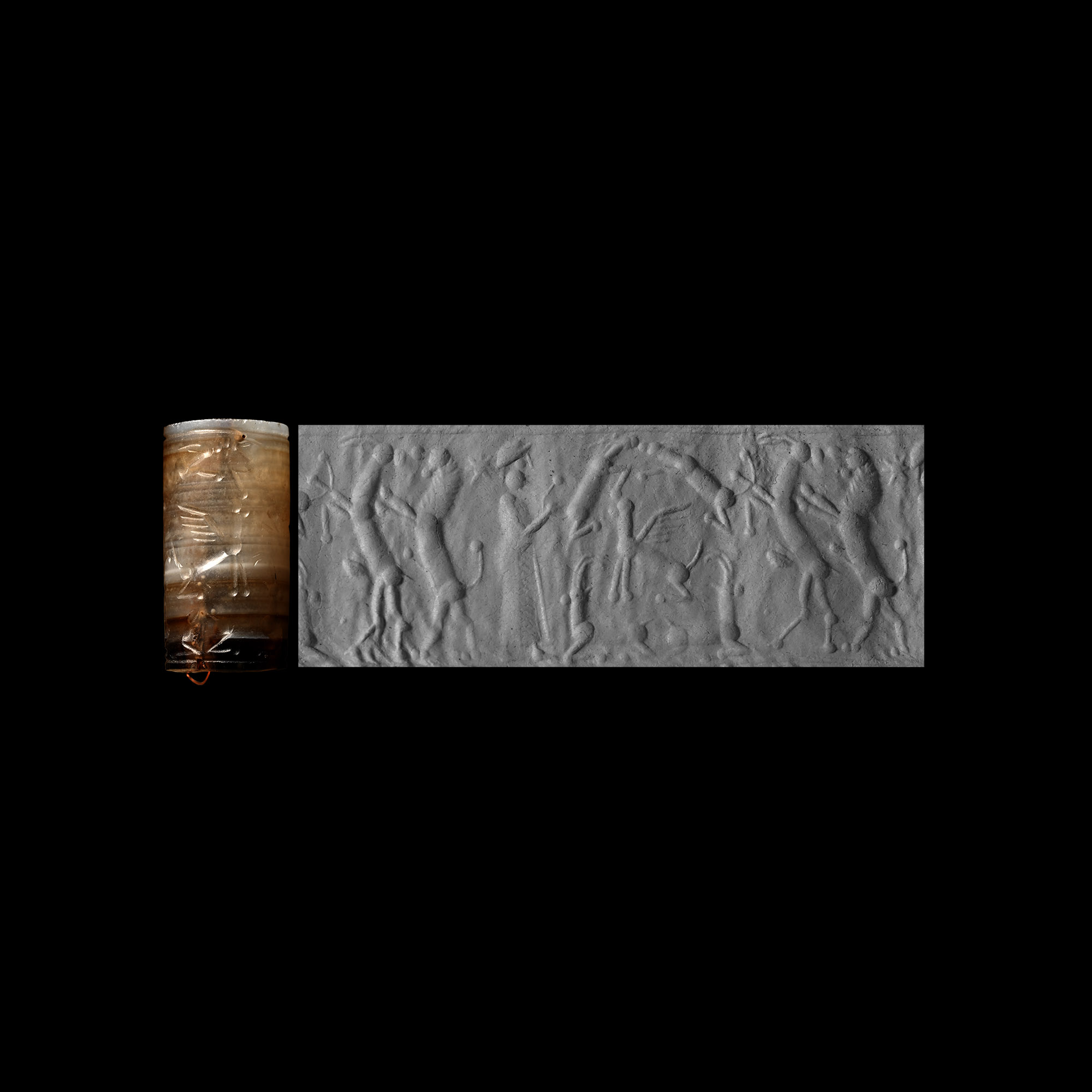 Neo-Assyrian Banded Calcite Cylinder Seal with Worshipping Scene