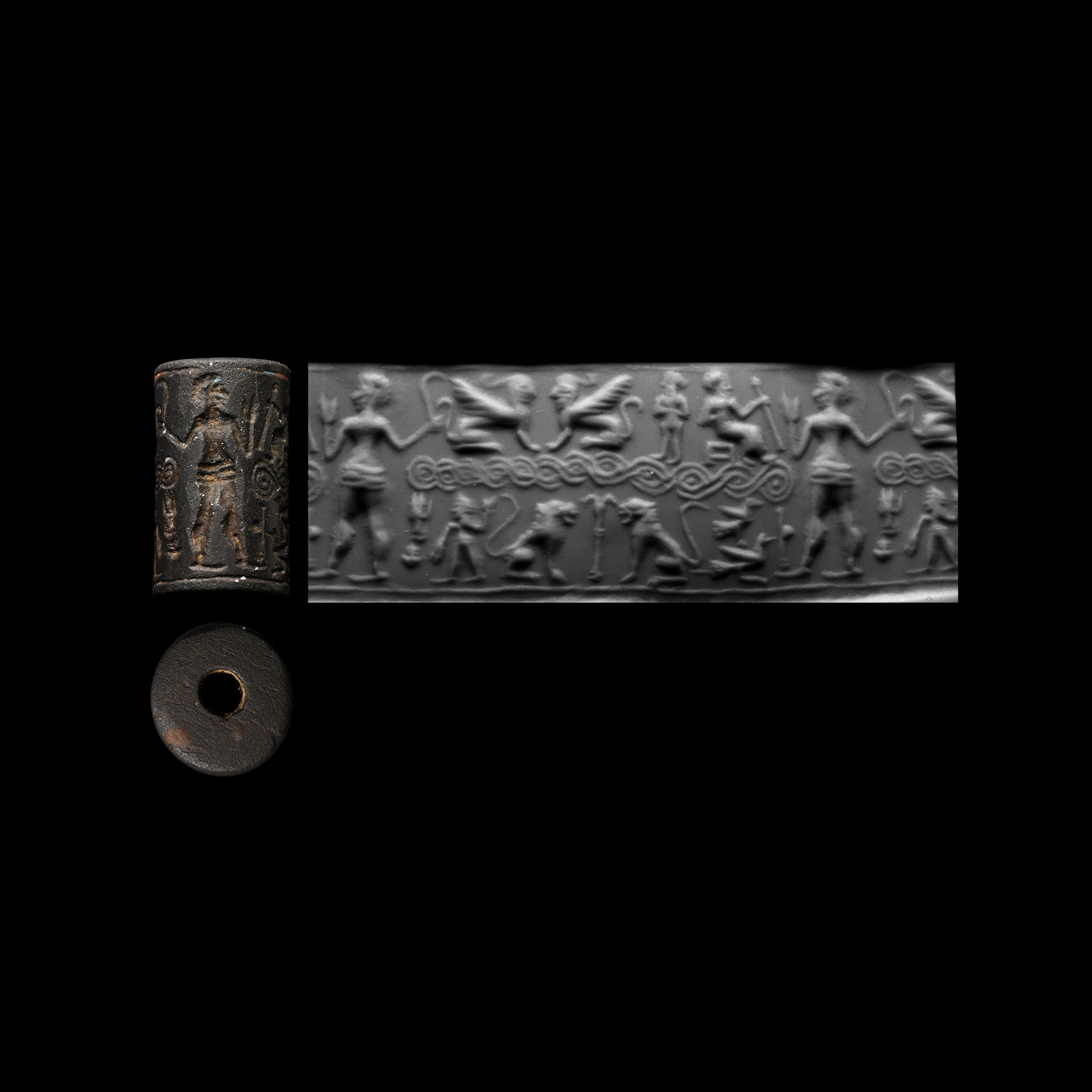Western Asiatic Hematite Cylinder Seal with Worshipping Scene