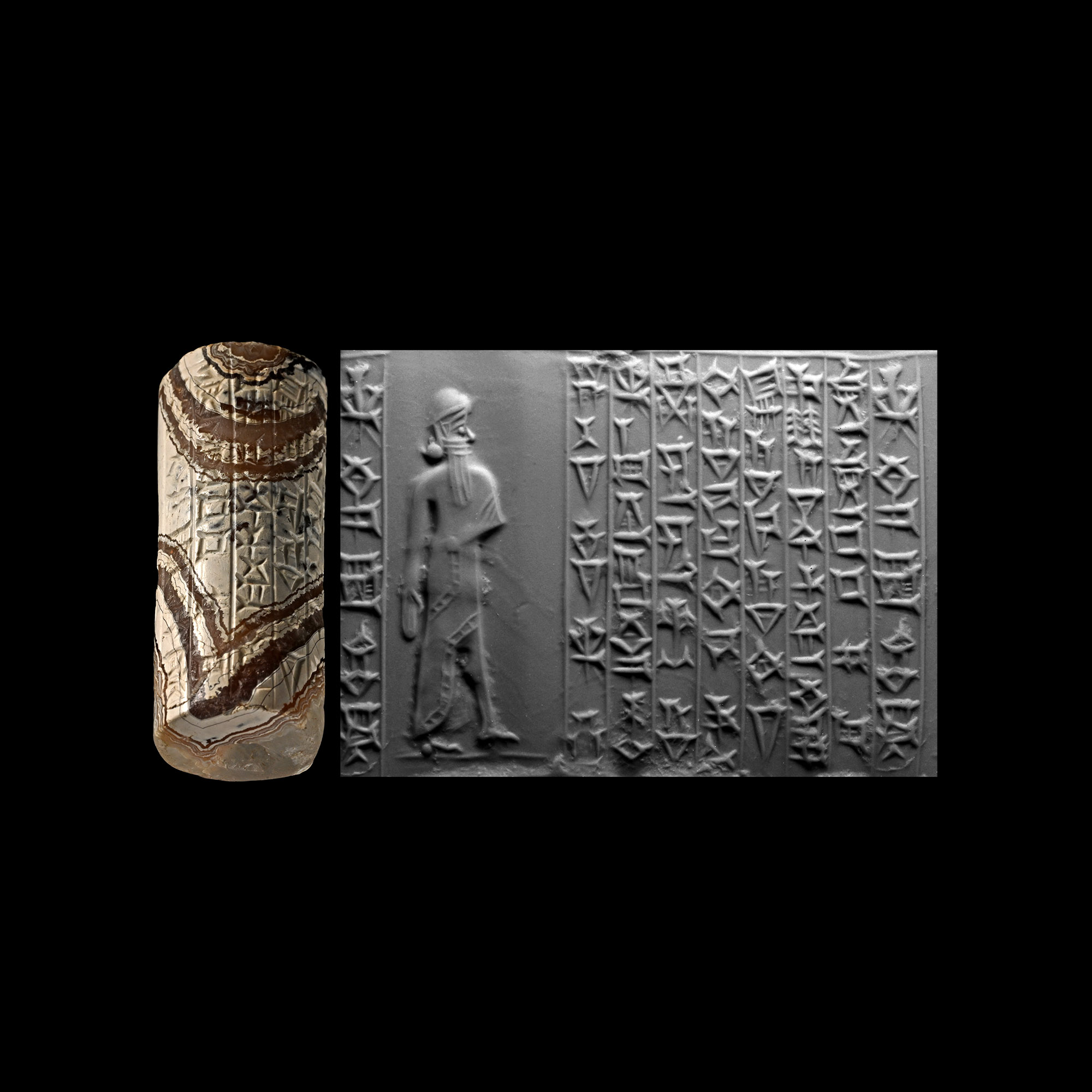 Kassite Cylinder Seal with Standing God and Sumerian Prayer to Adad, the God of Storm