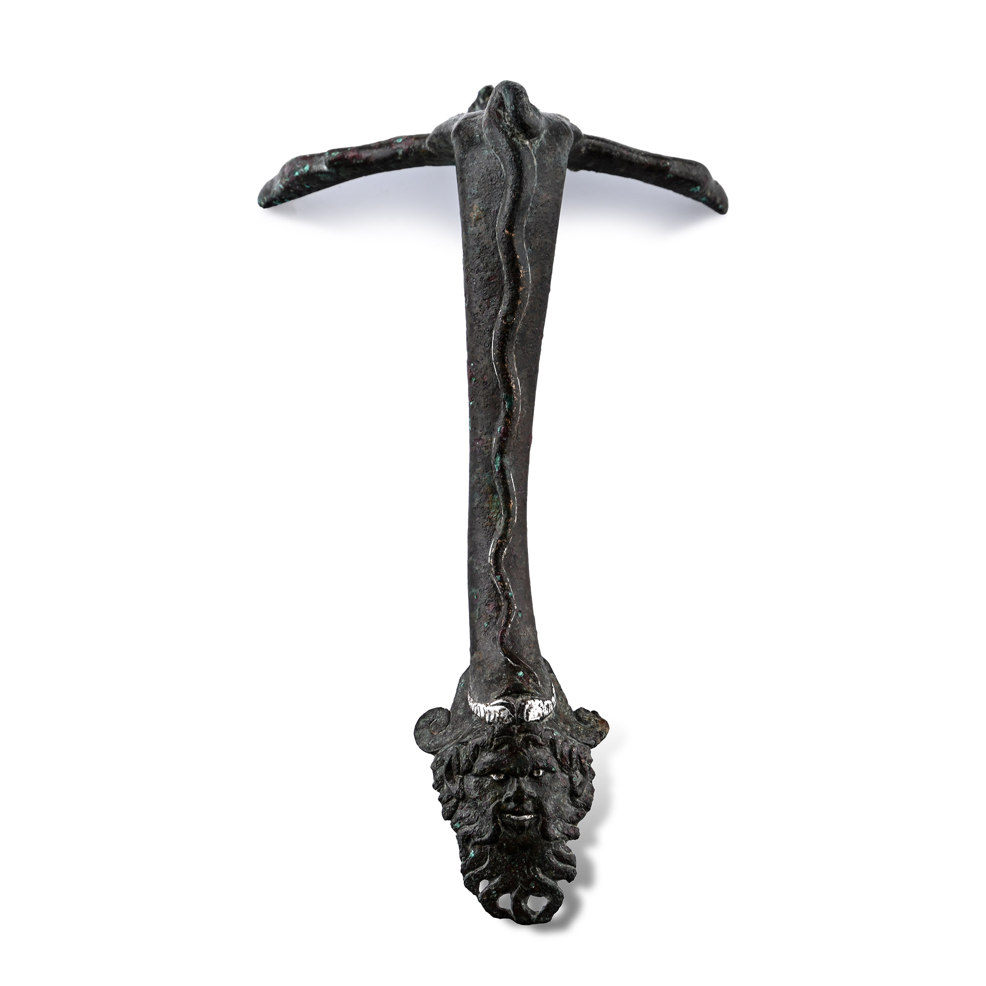 Roman Bronze Vessel Handle with Silver Inlaid Face