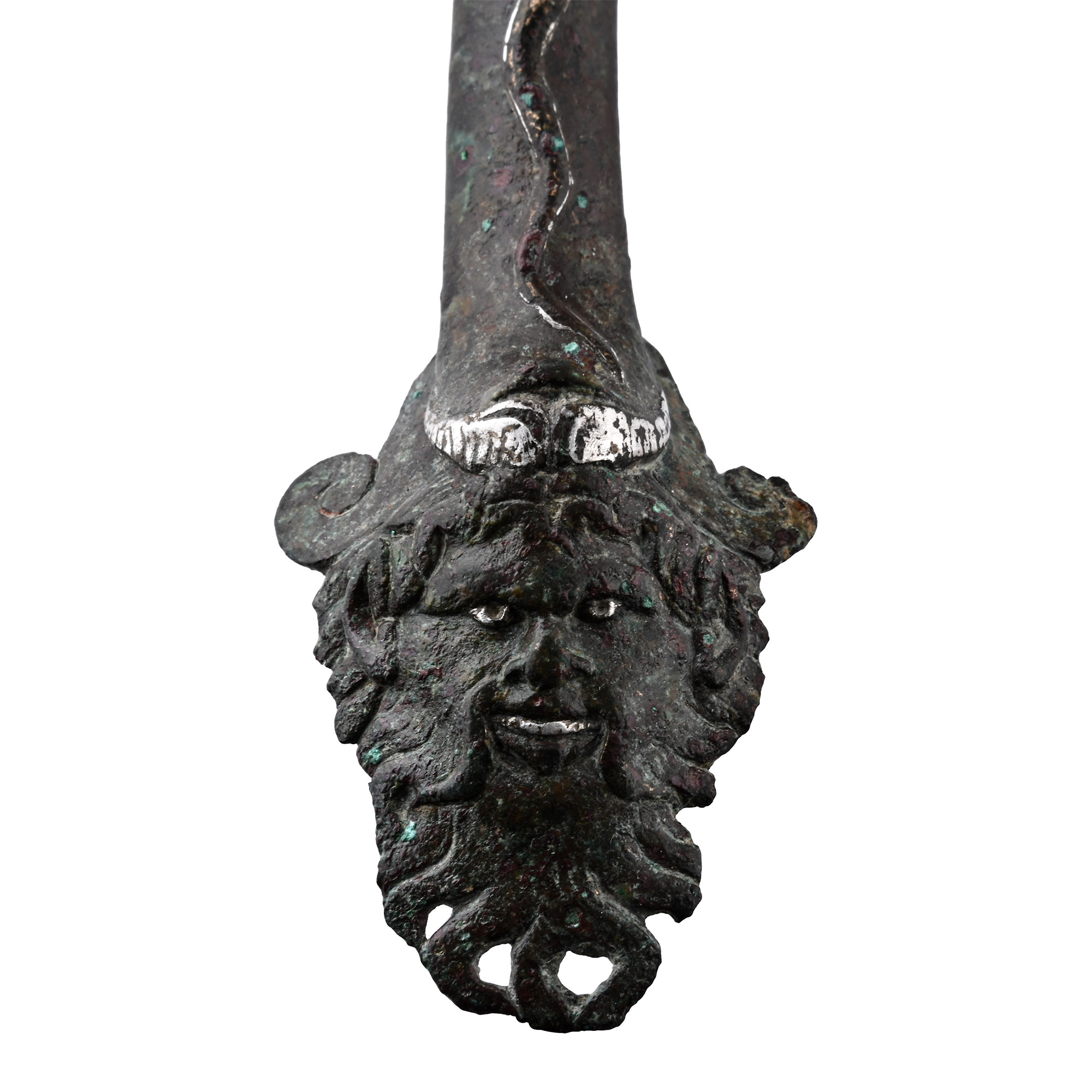 Roman Bronze Vessel Handle with Silver Inlaid Face