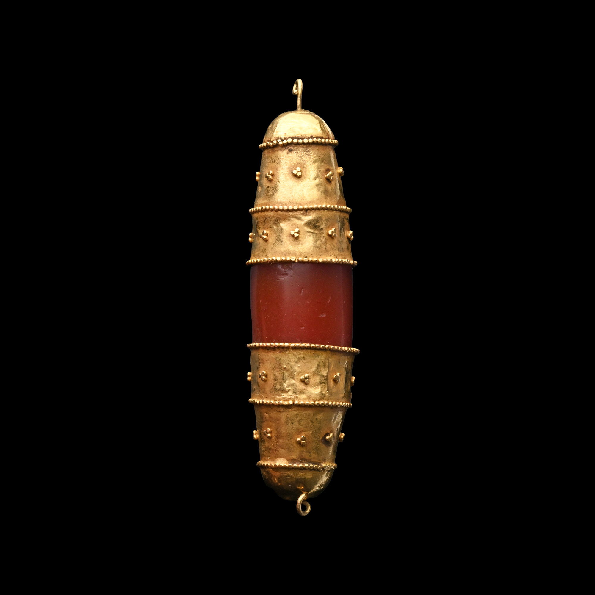 Hellenistic Carnelian Bead with Gold End Caps
