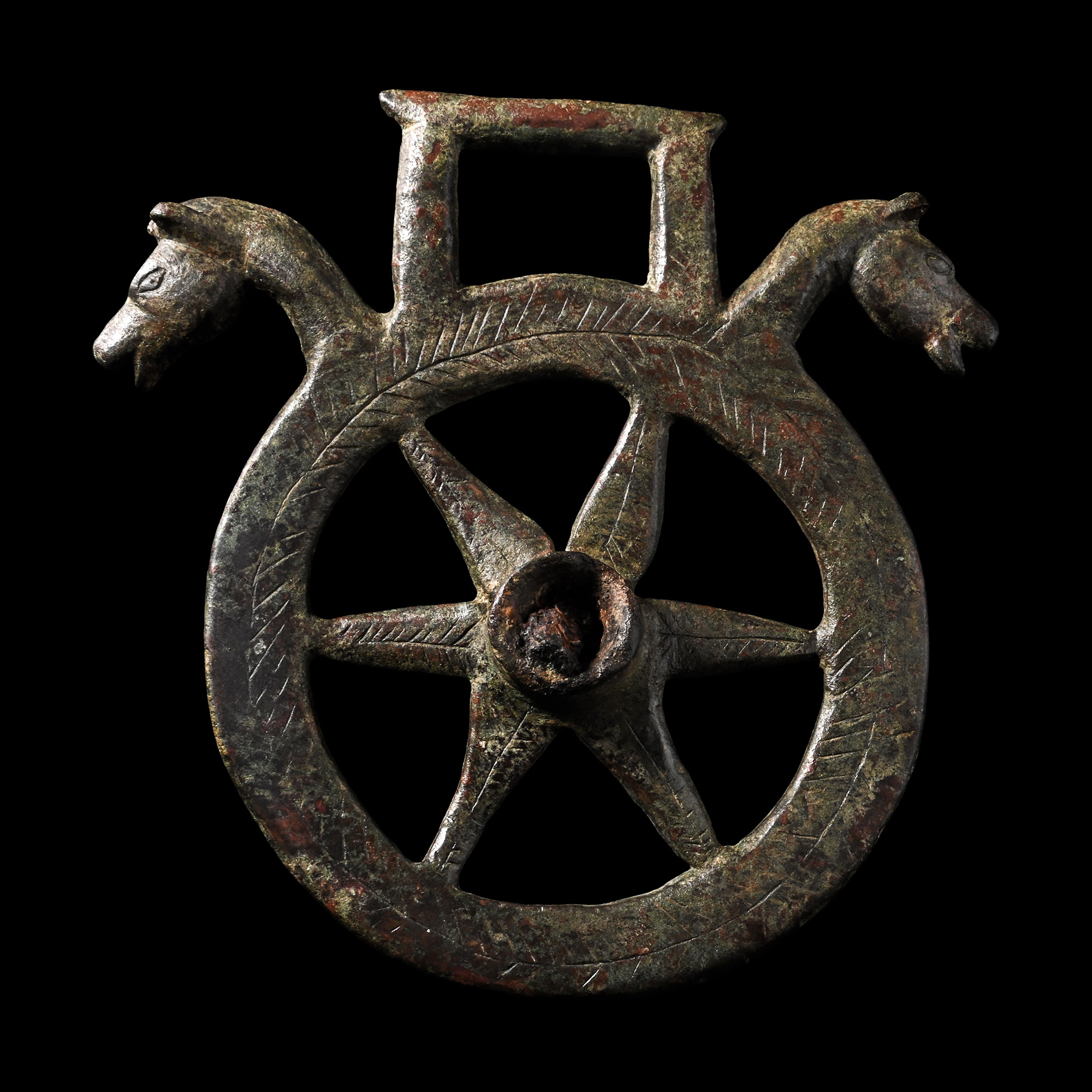 Late Roman Bronze Horse Harness Phalera with Horse Heads