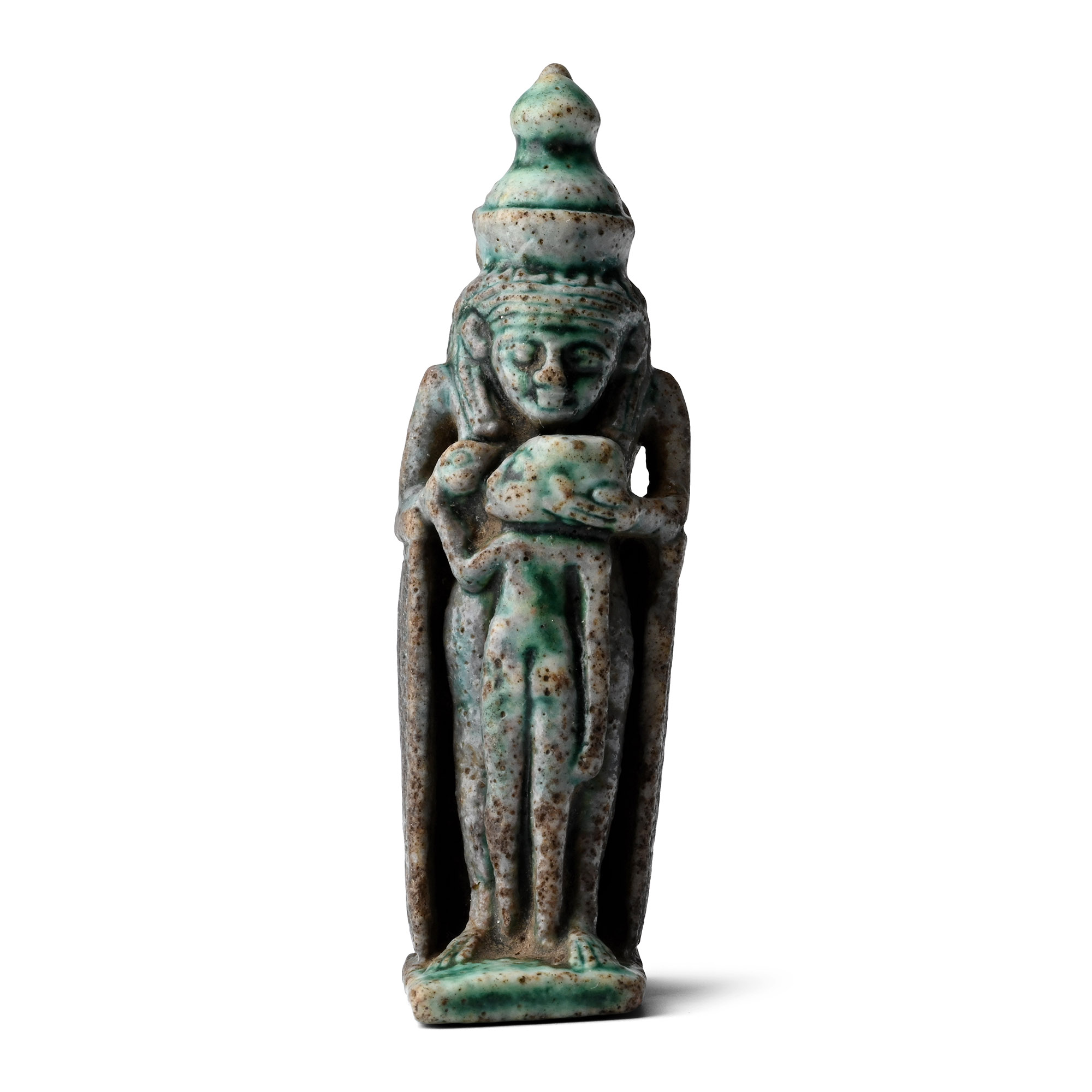 Egyptian Green Glazed Faience Mut Suckling Khonsu with Winged Sekhmet on the Back