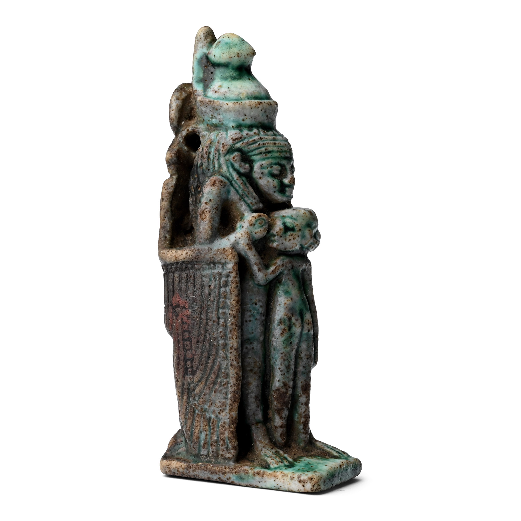 Egyptian Green Glazed Faience Mut Suckling Khonsu with Winged Sekhmet on the Back