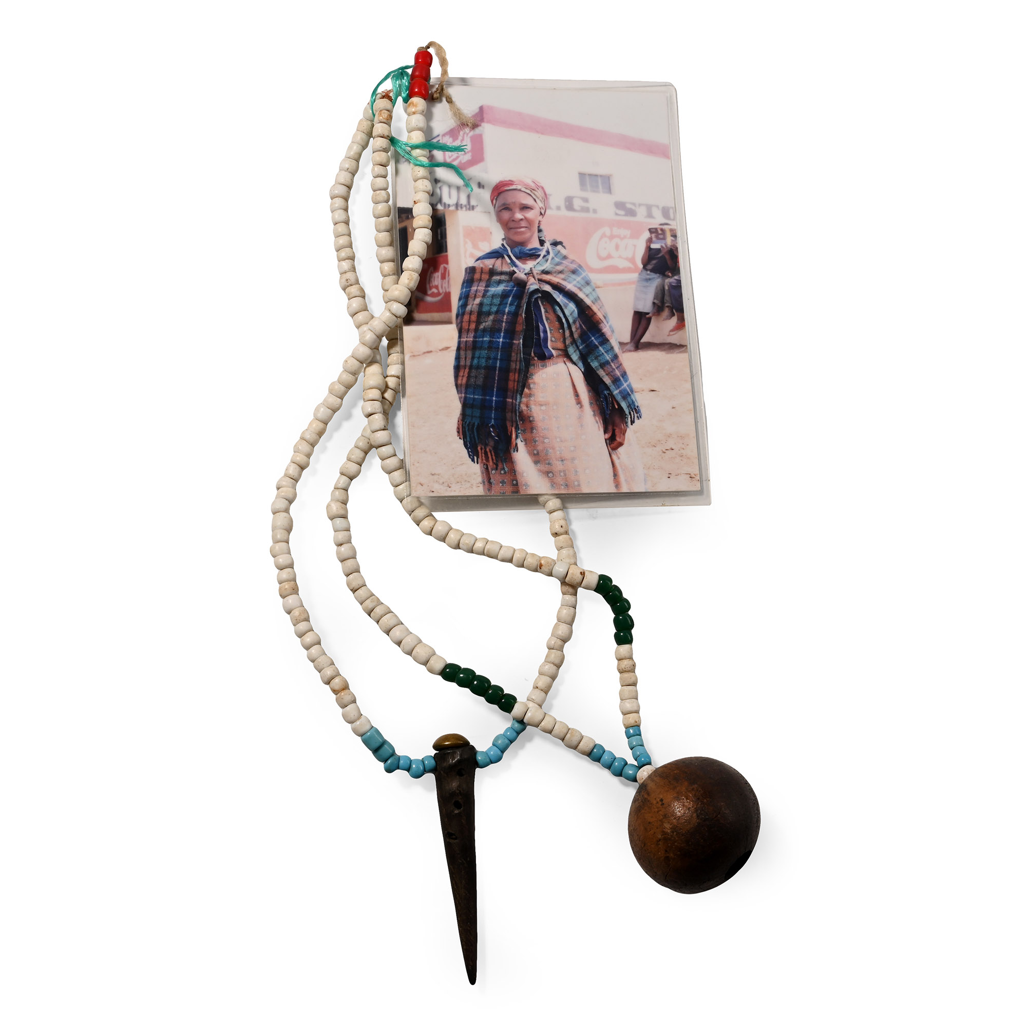 Zulu Woman's Beaded 'Ishungu' Snuff Container Necklace and Photograph of Ms Phumzile Mandlakazi, a Descendant of the Owner, Wearing It
