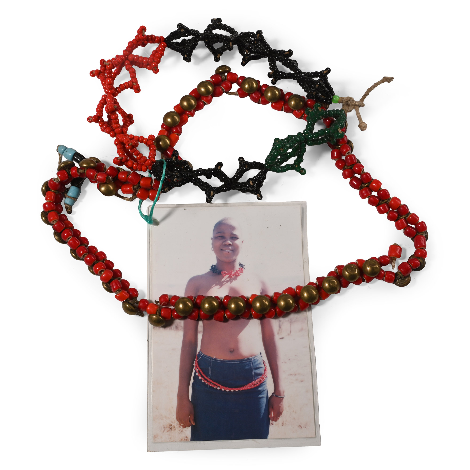 Zulu Woman's Beaded 'Isijolandi' Necklace and Photograph of of an Unknown Zulu, a Descendant of the Owner, Wearing It