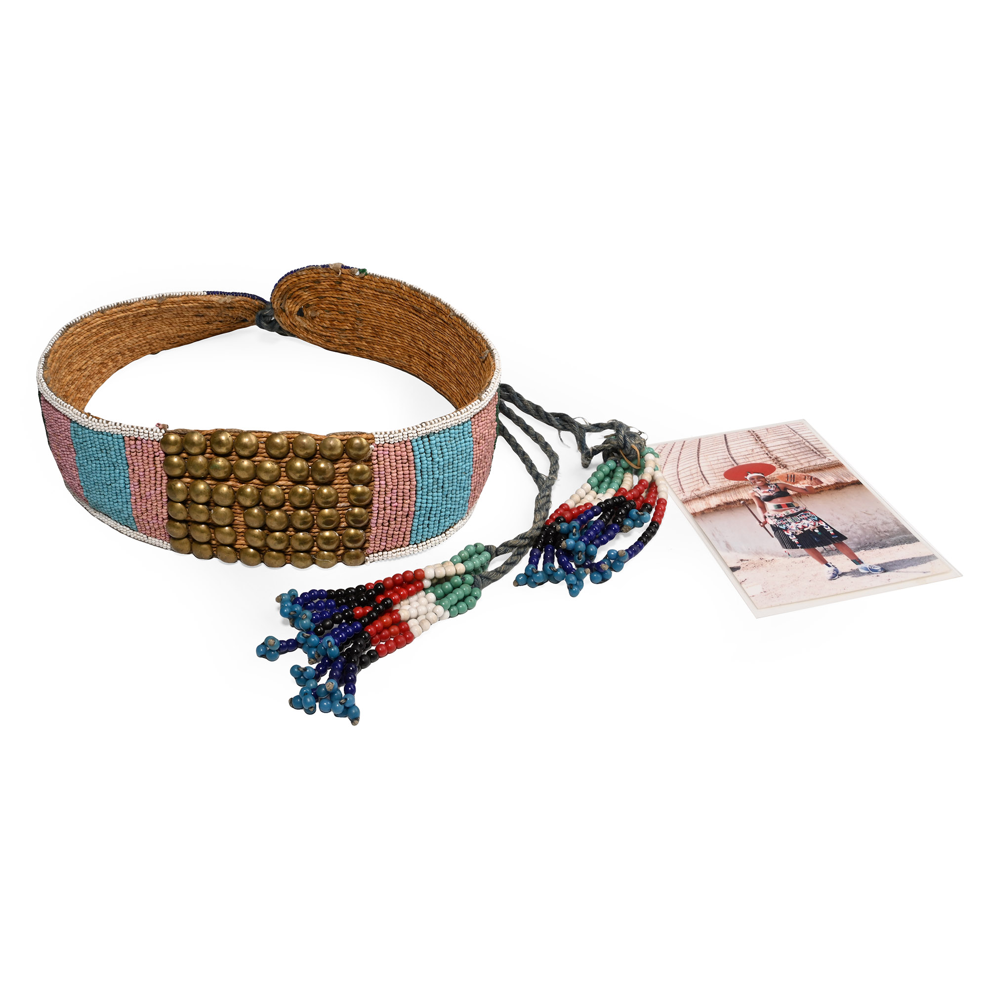 Zulu Woman's Beaded 'Umutsha' Belt and Photograph of Ms Beckie Khumalo, a descendant of the Owner, Wearing it