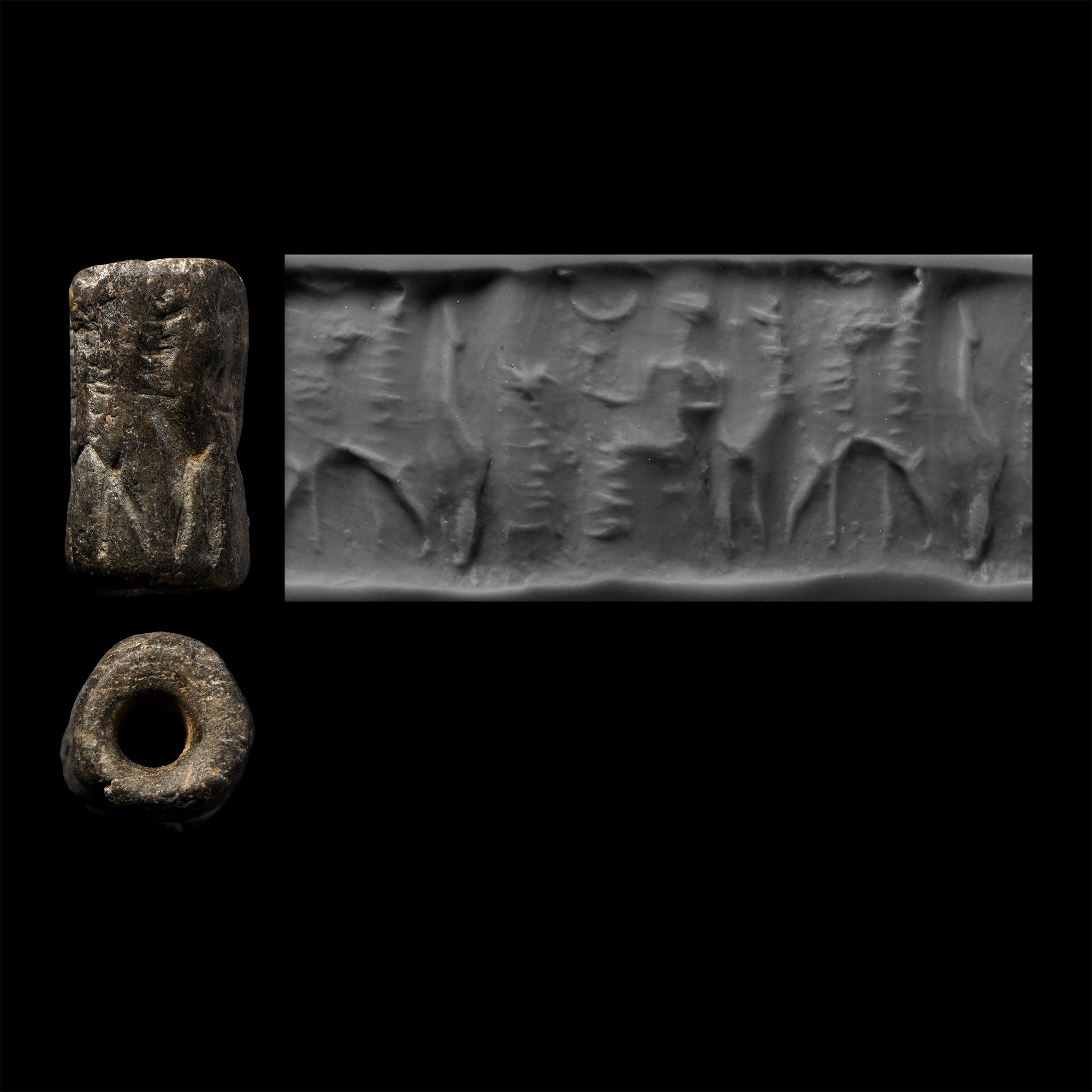 Western Asiatic Steatite Cylinder Seal with Deity and Beasts