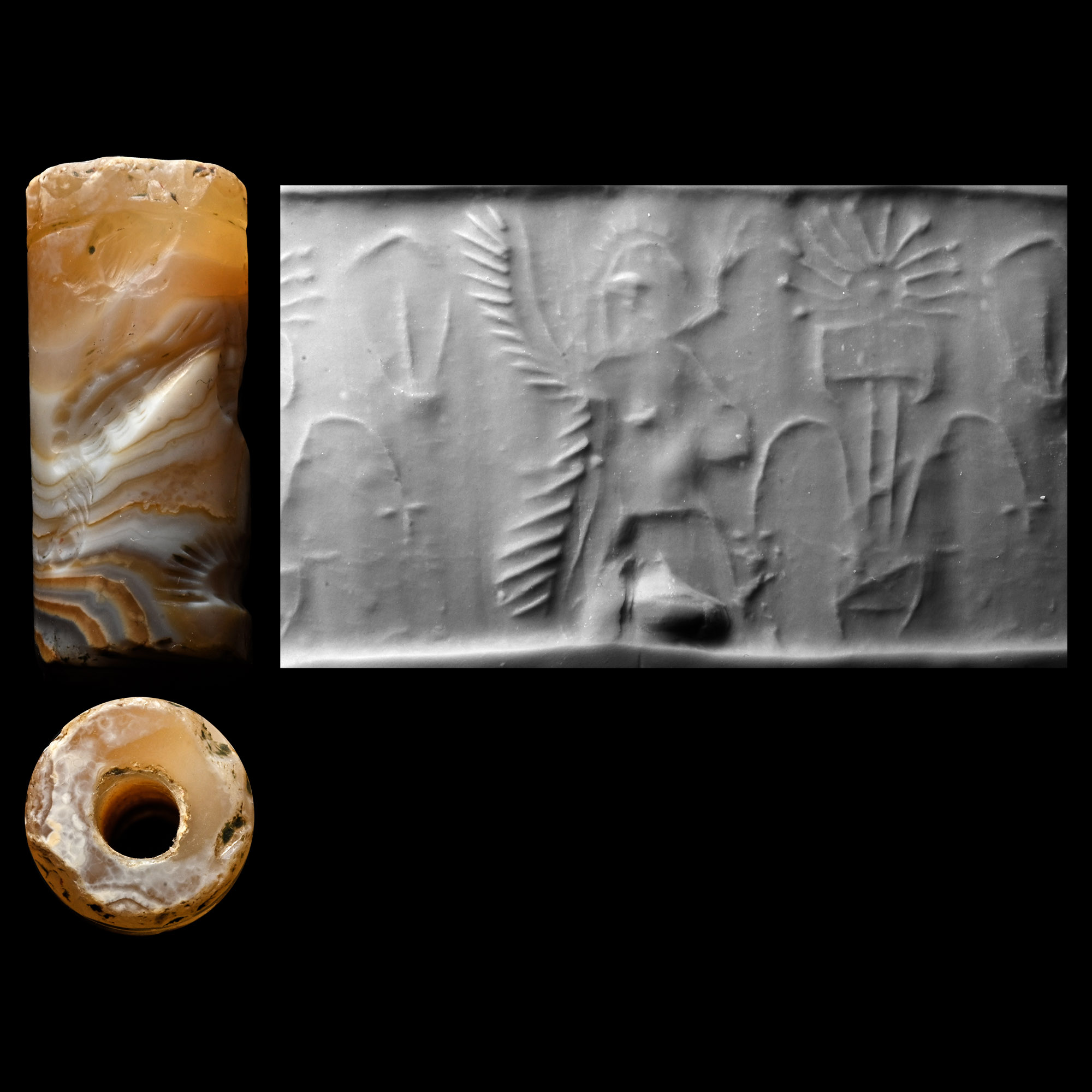 Western Asiatic Banded Agate Cylinder Seal with Winged Figure