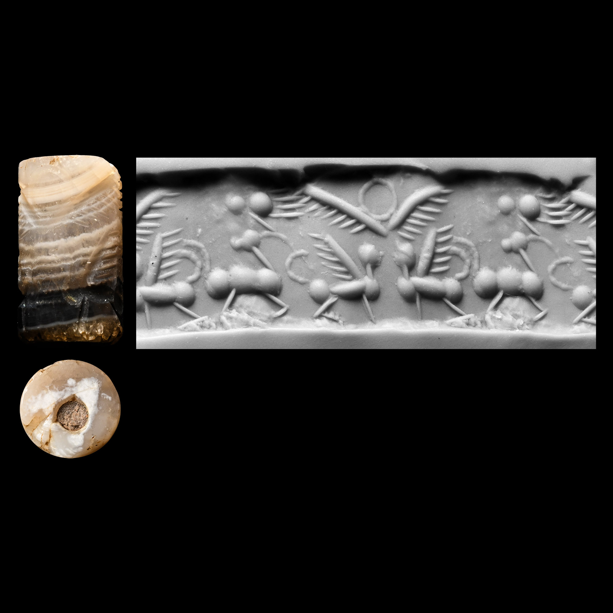 Western Asiatic Banded Agate Cylinder Seal with Gryphons and Ibexes