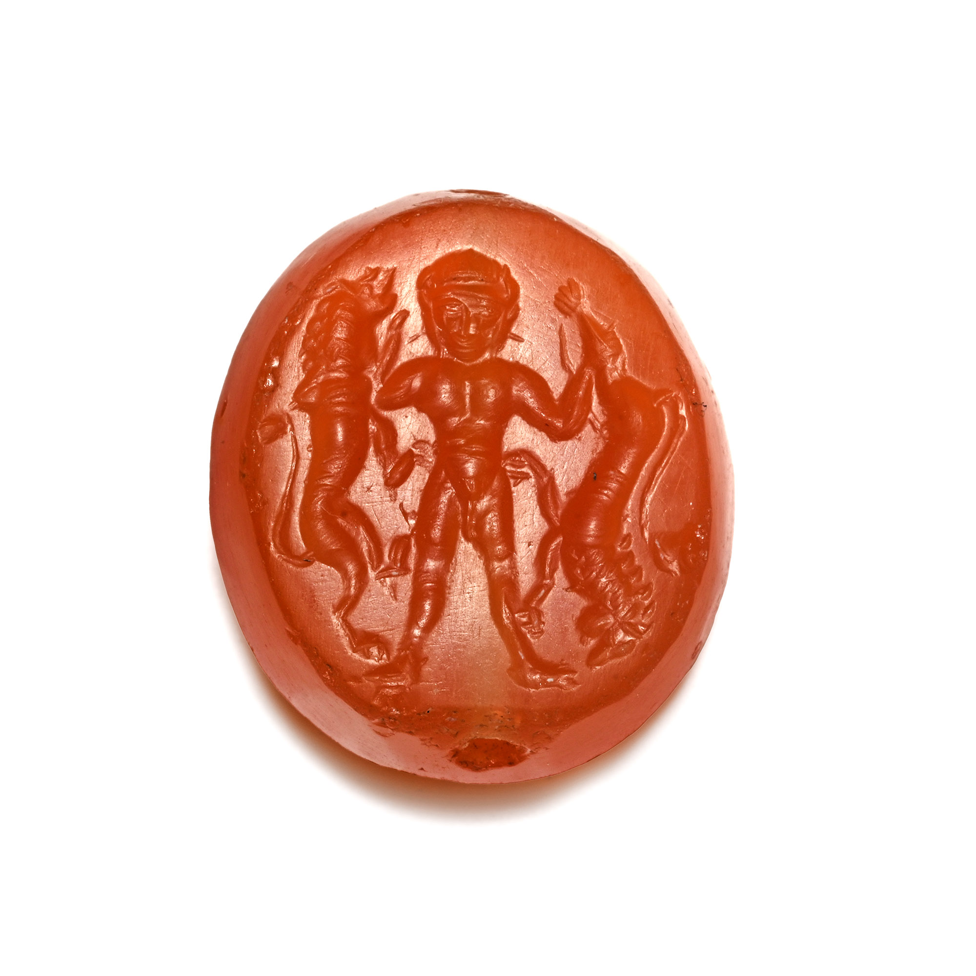 Eastern Greek Carnelian Scaraboid Gemstone with Nude Hero Holding Lions
