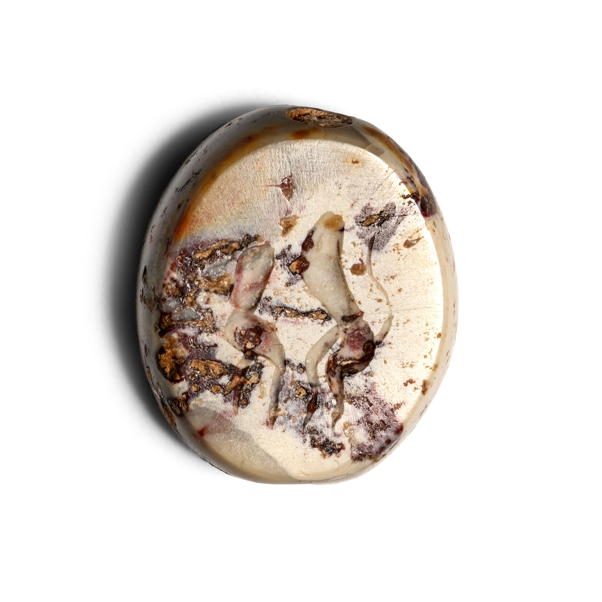 Etruscan Variegated Agate Scaraboid Gemstone with Dancing Satyrs