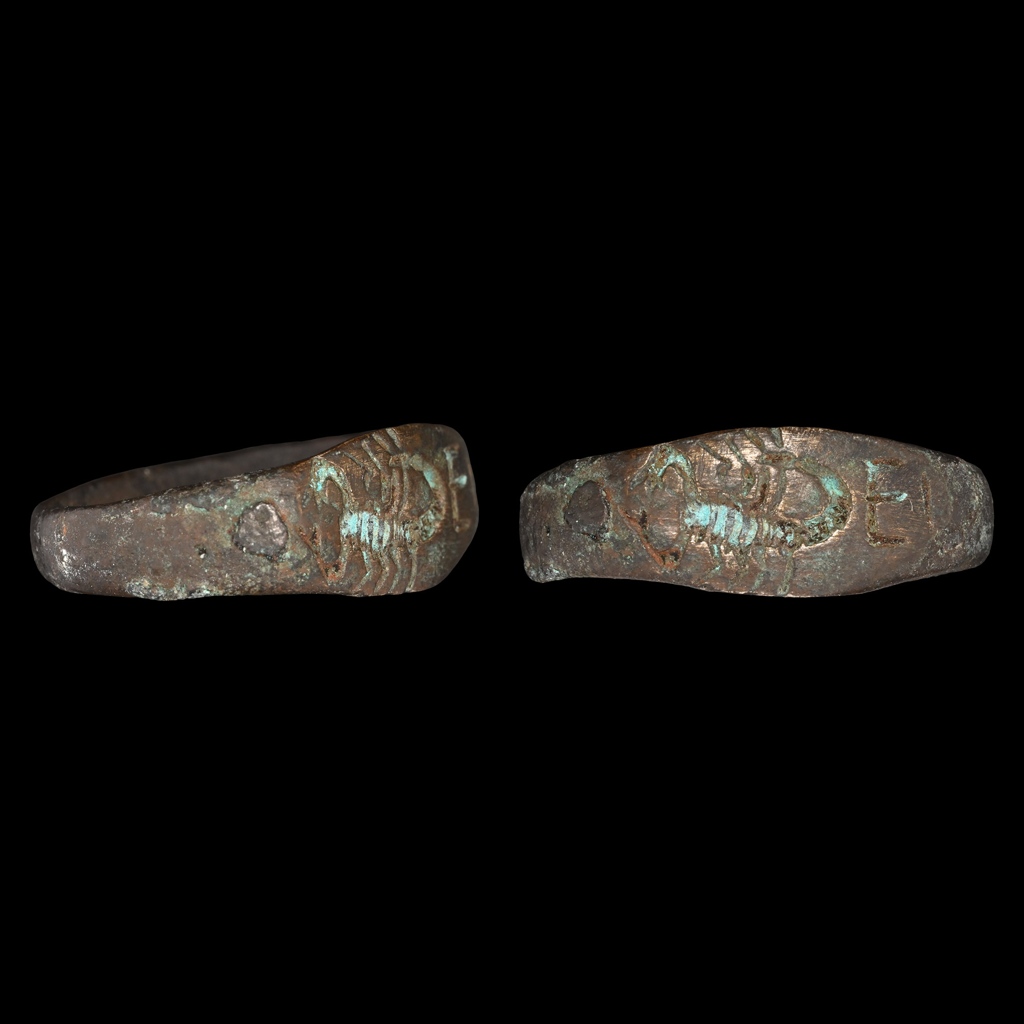 Roman Bronze Ring with Scorpion and EI