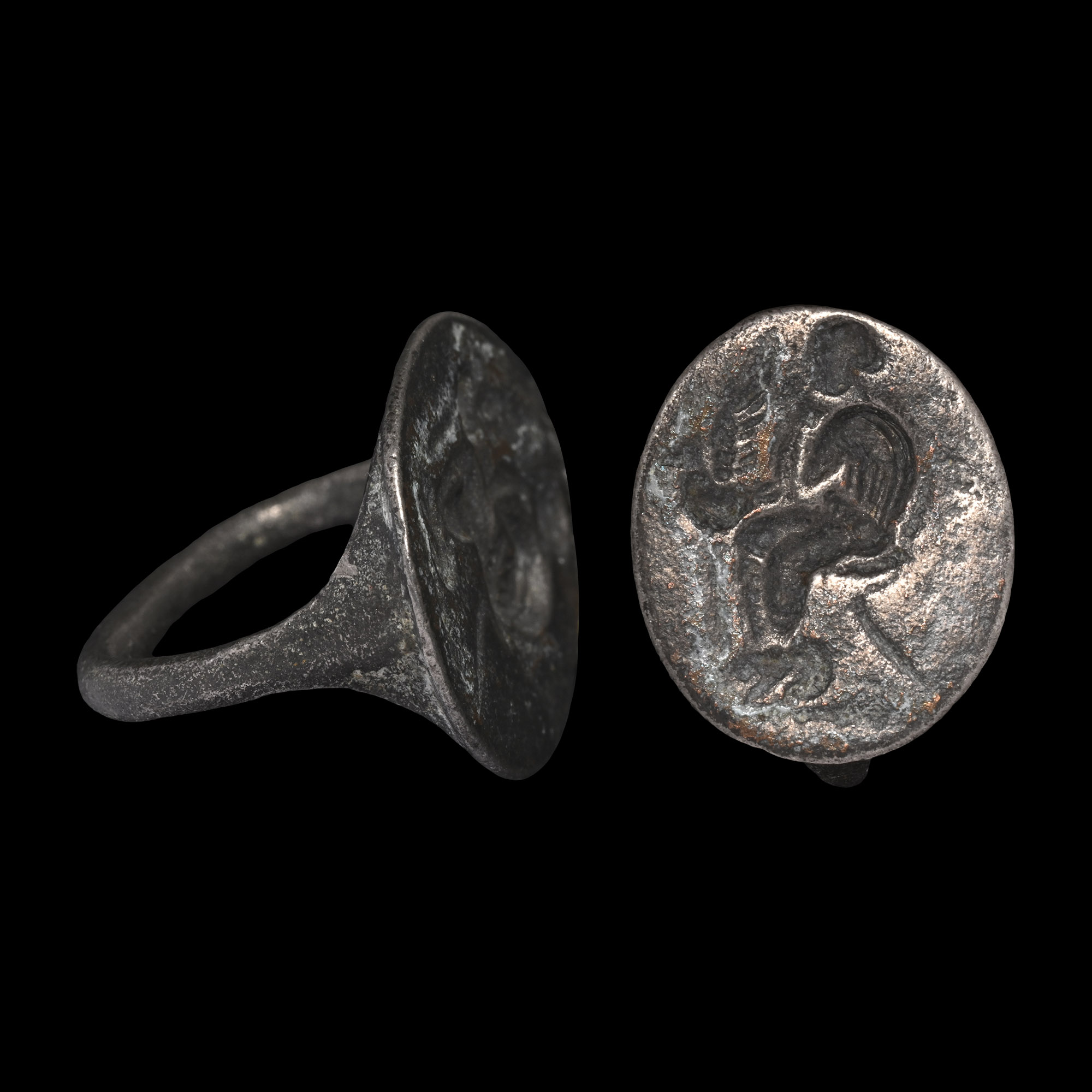 Greek Silver Ring with Seated Goddess Holding a Dove