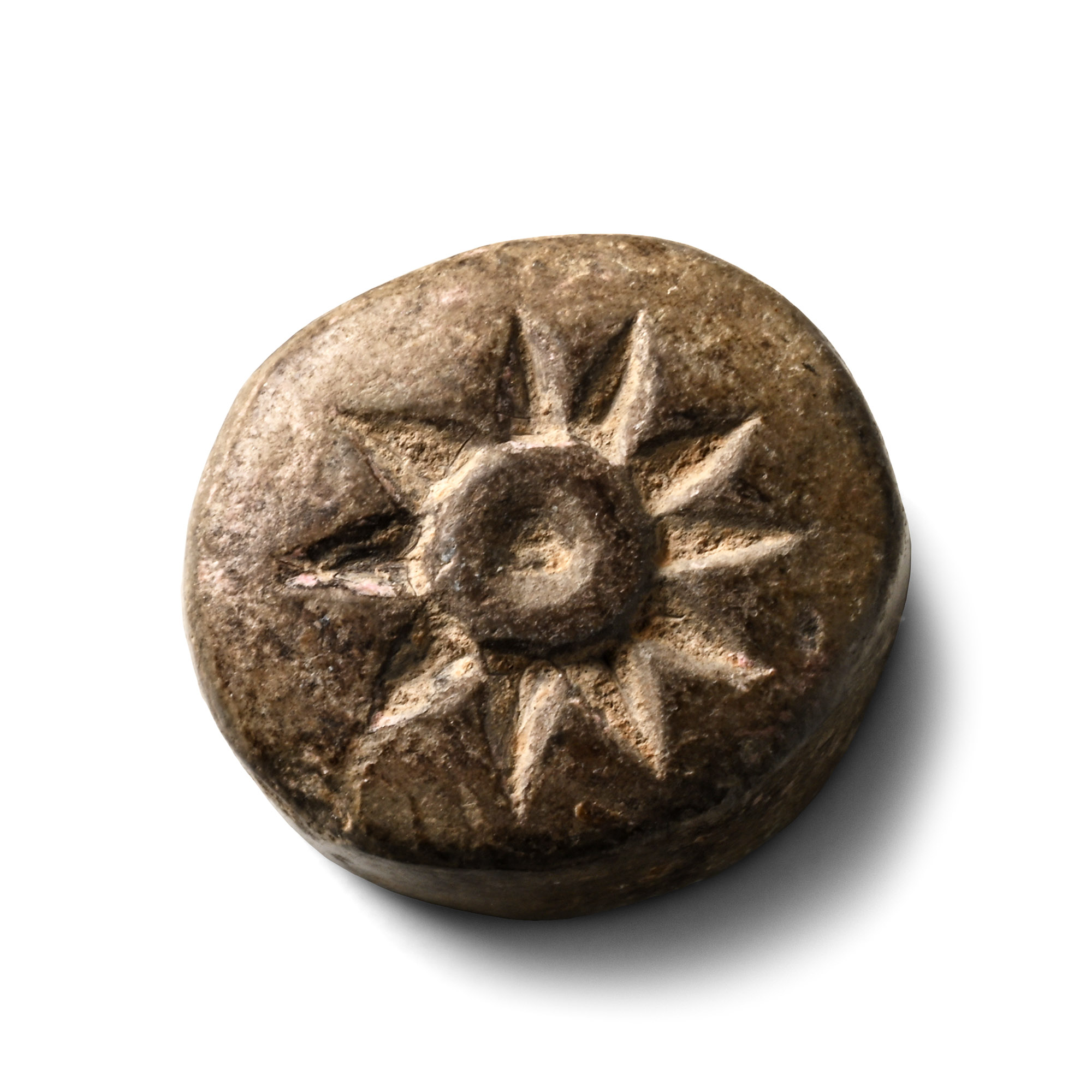 Greek Grey Stone Bifacial Bead with Winged Creature and Star