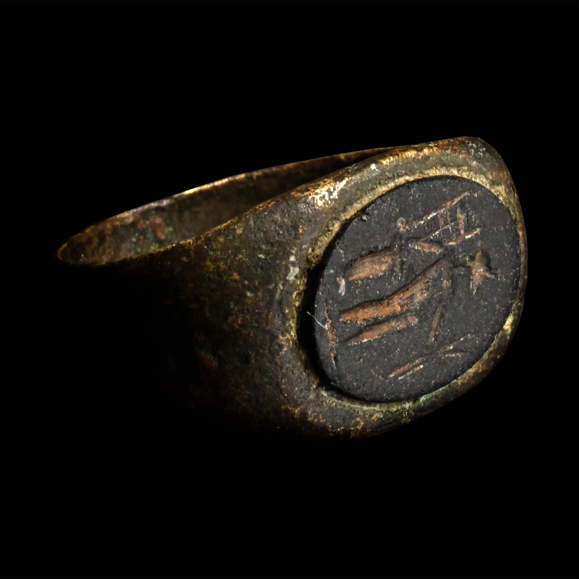 Roman Bronze Ring with Mercury Glass Intaglio