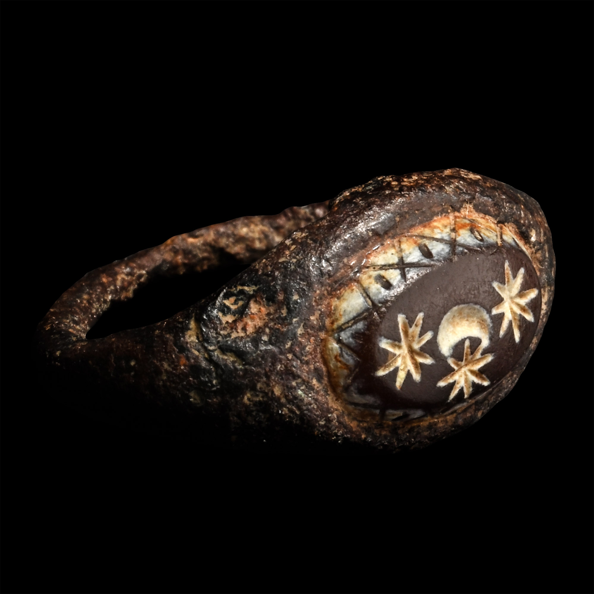 Roman Bronze Ring with Moon and Stars Gemstone