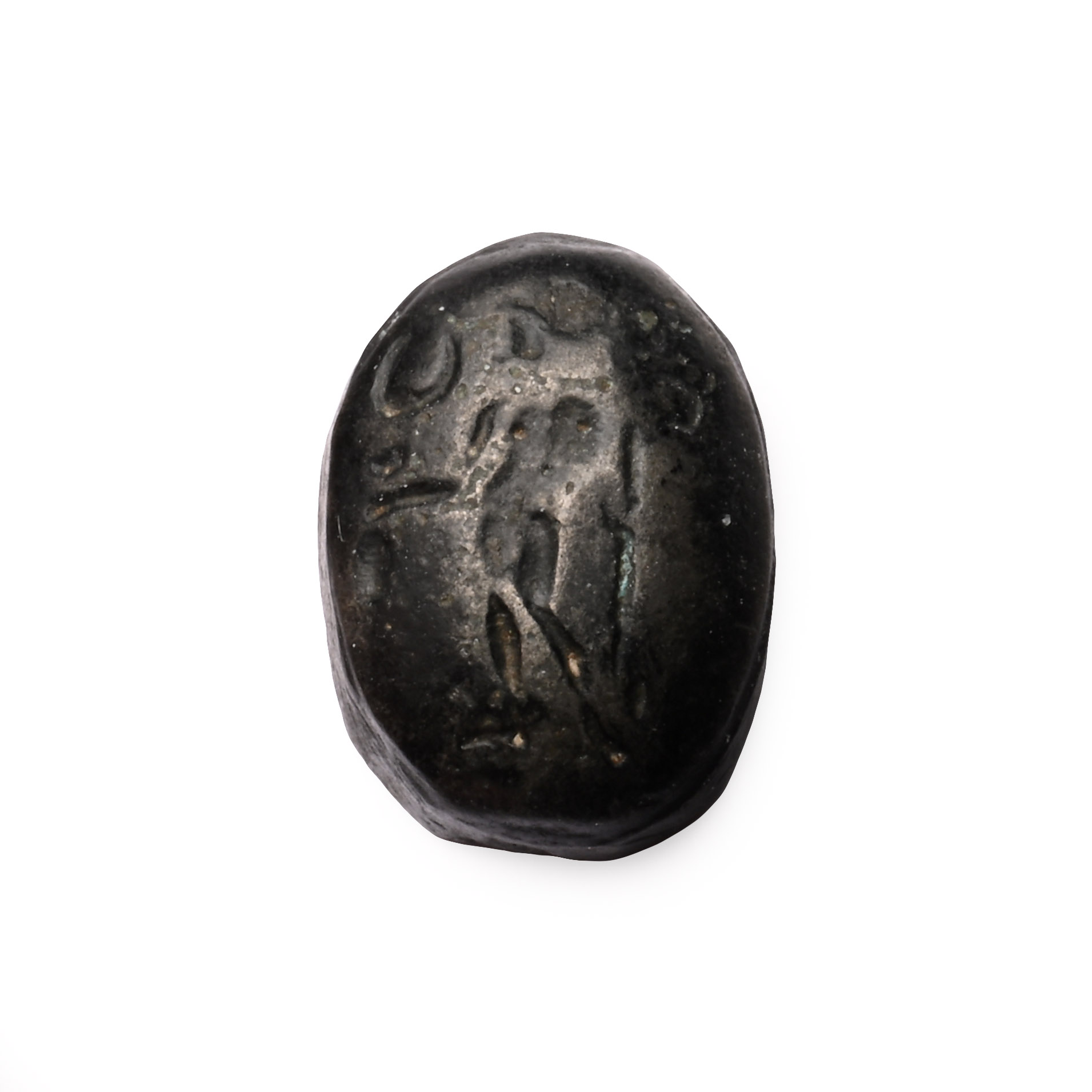 Roman Black Stone Intaglio with Standing Figure of Mercury