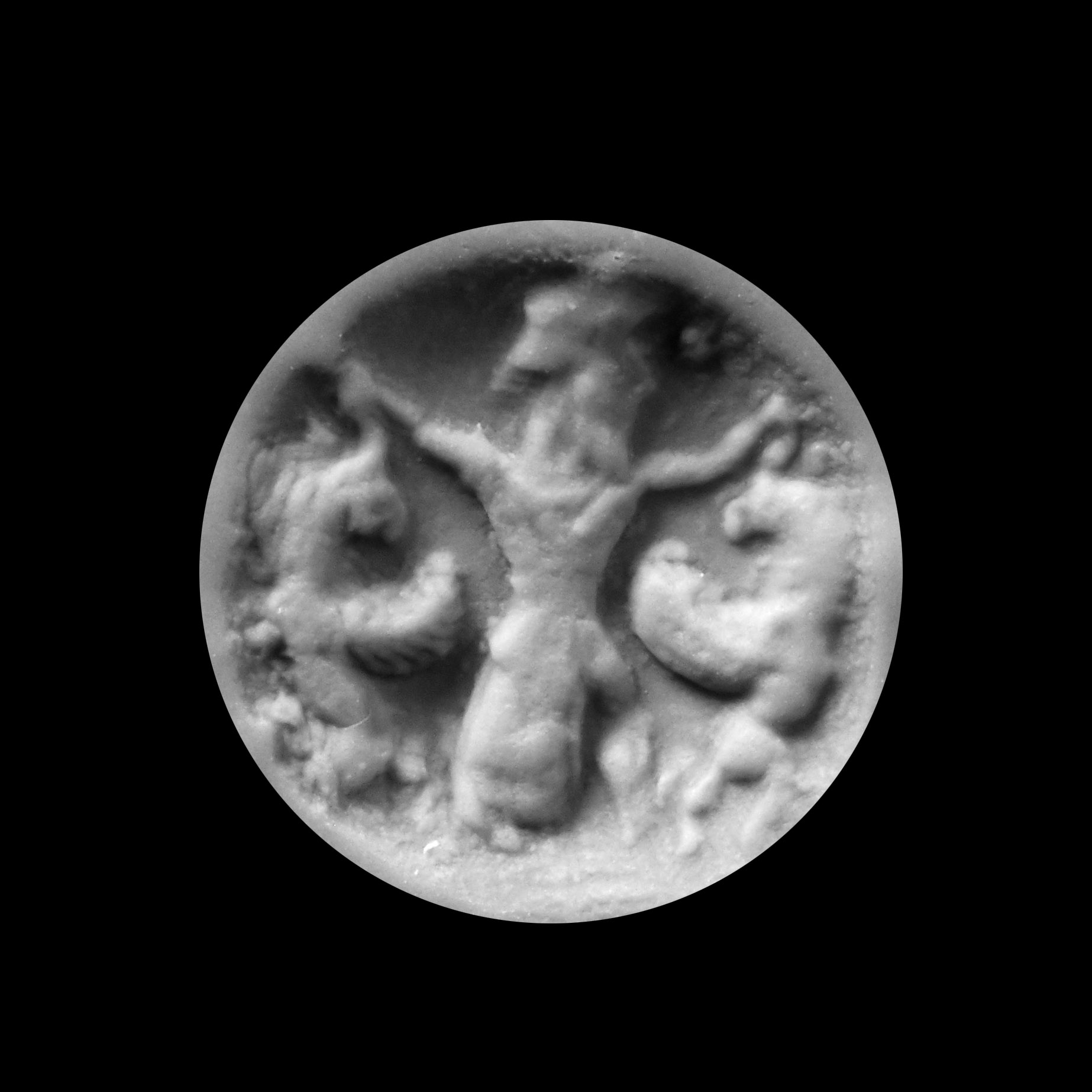 Western Asiatic Glass Stamp Seal with Deity and Animals