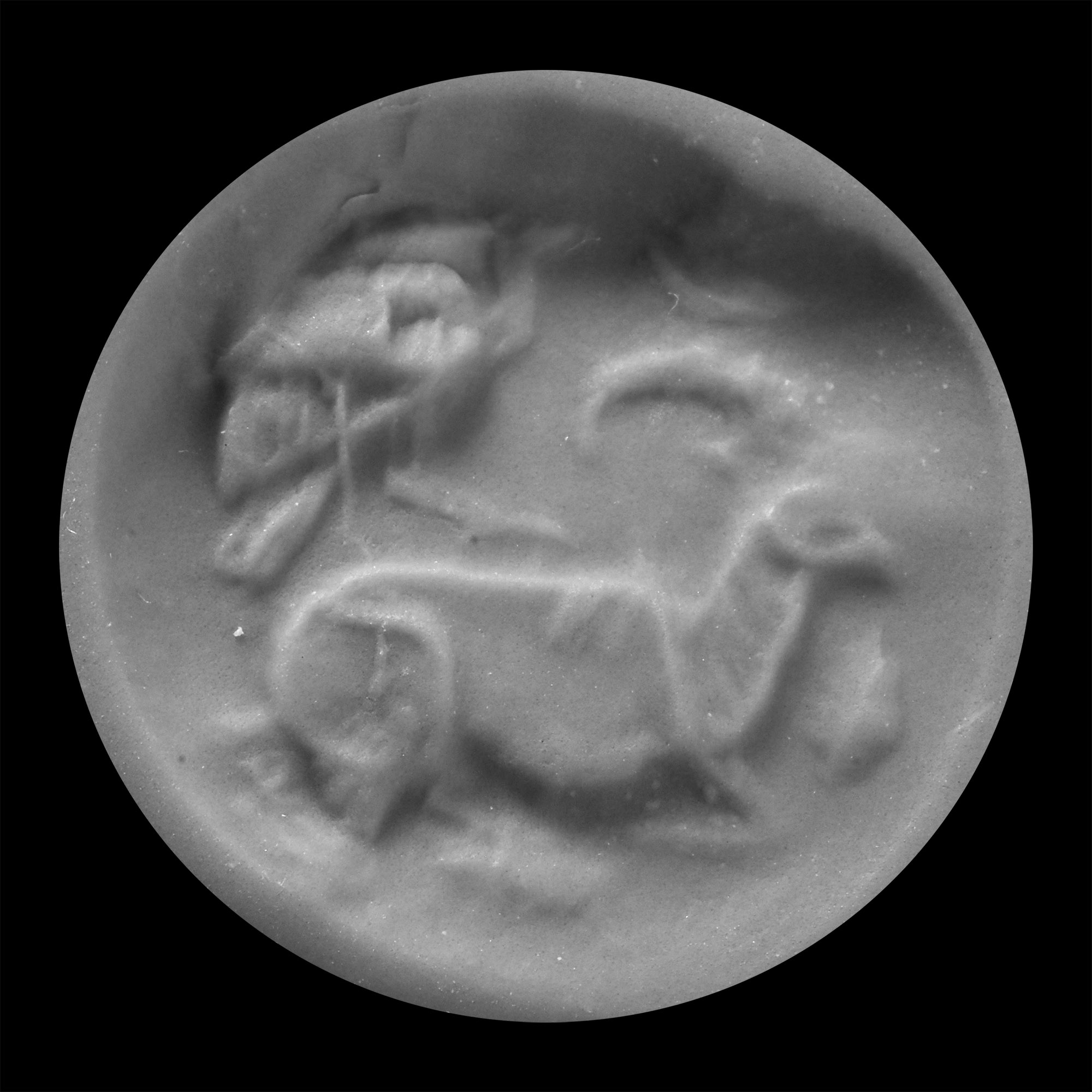 Western Asiatic Grey Marble Stone Stamp Seal with Bird and Ibex