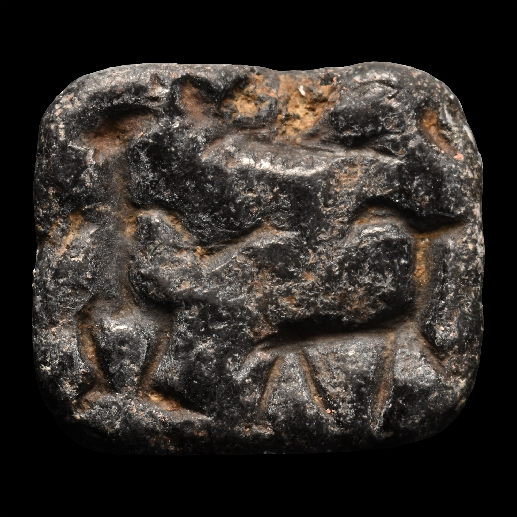Western Asiatic Black Stone Stamp Seal with Figure and Animals