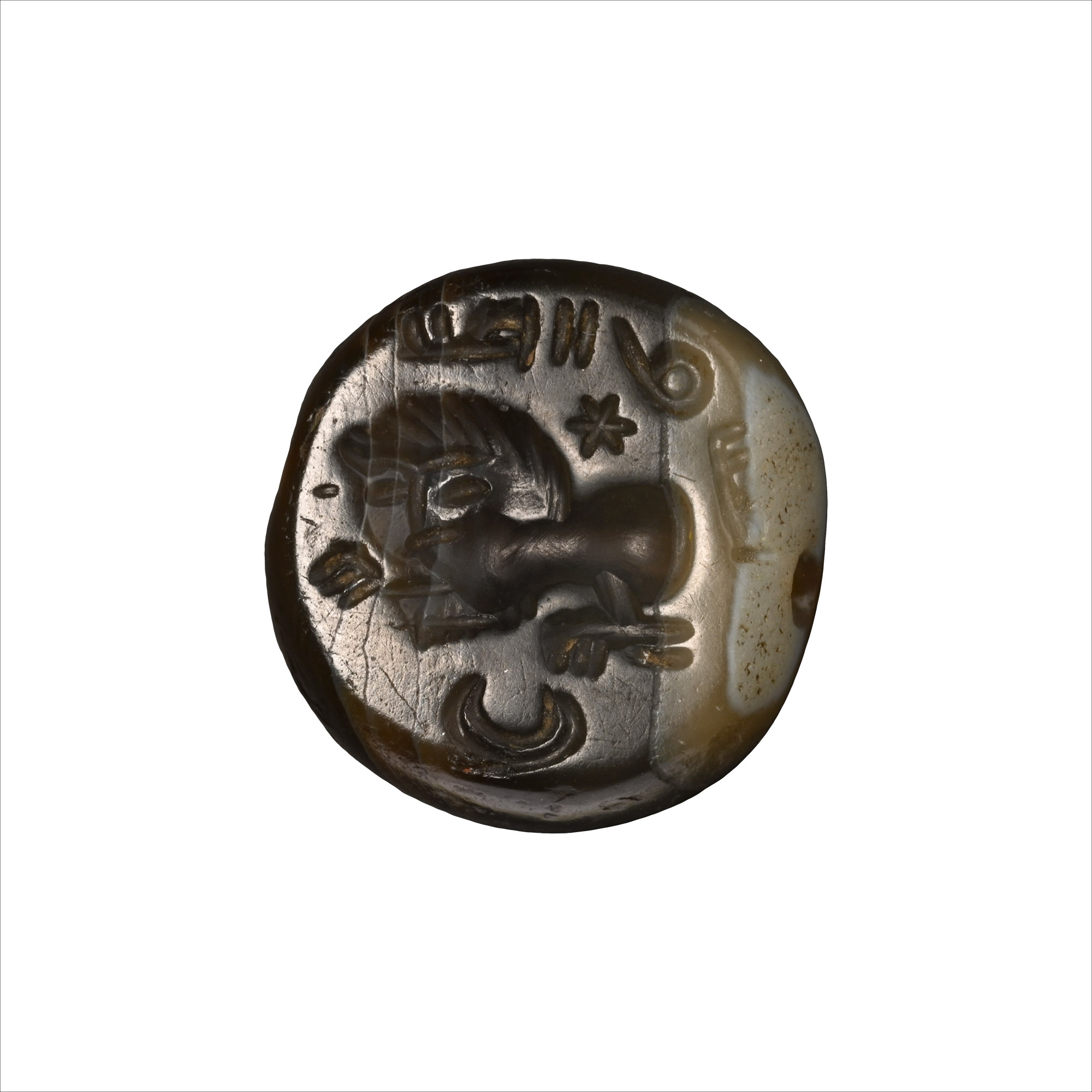 Sasanian Banded Agate Stamp Seal with Lion and Inscription