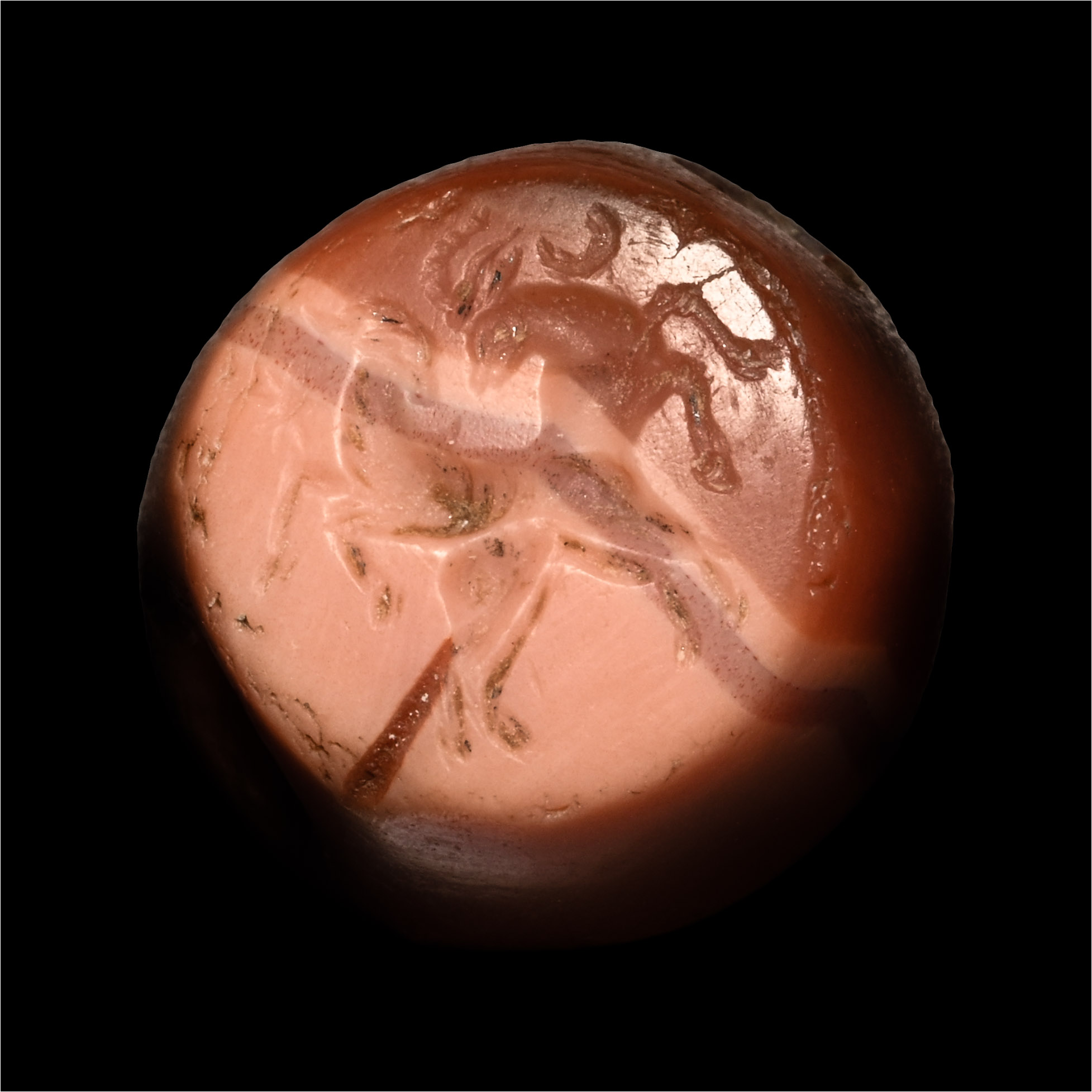 Sasanian Pink Banded Agate Stamp Seal with Two Ibexes
