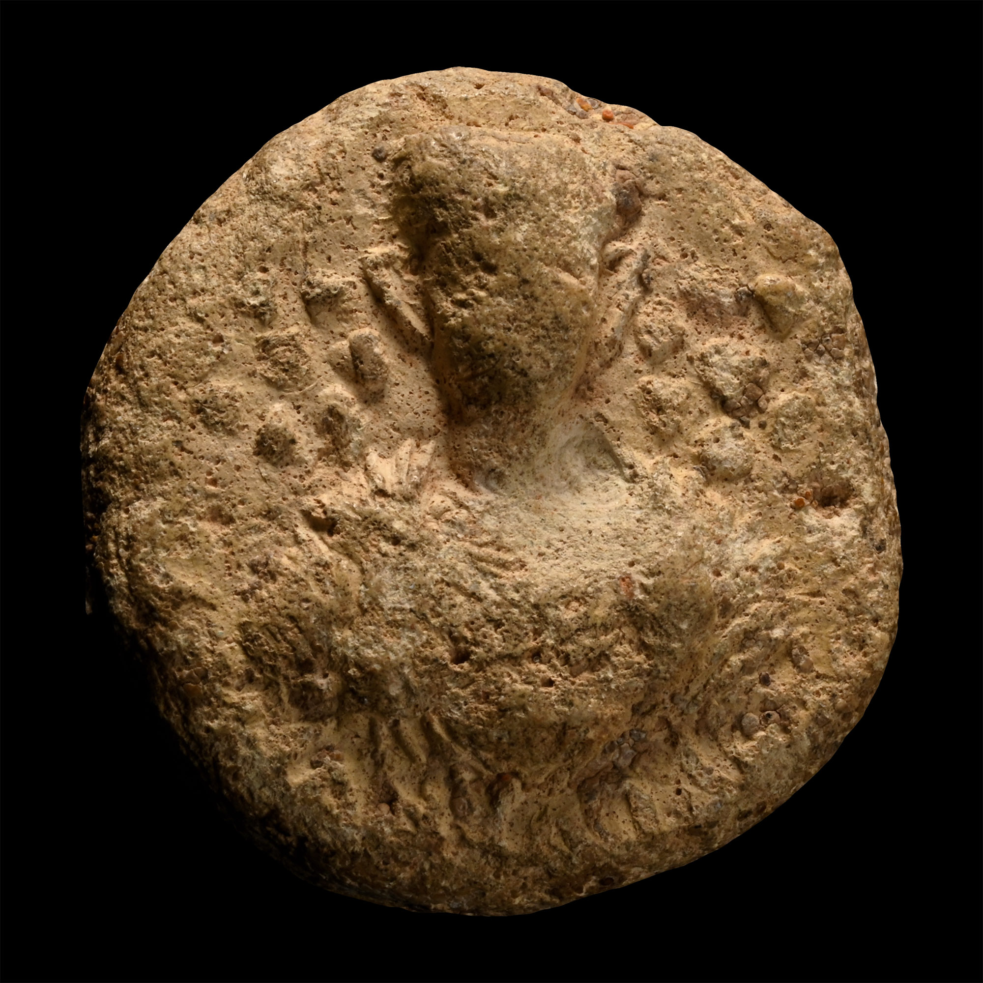 Eastern Roman Terracotta Bifacial Bulla with Figure and Inscription