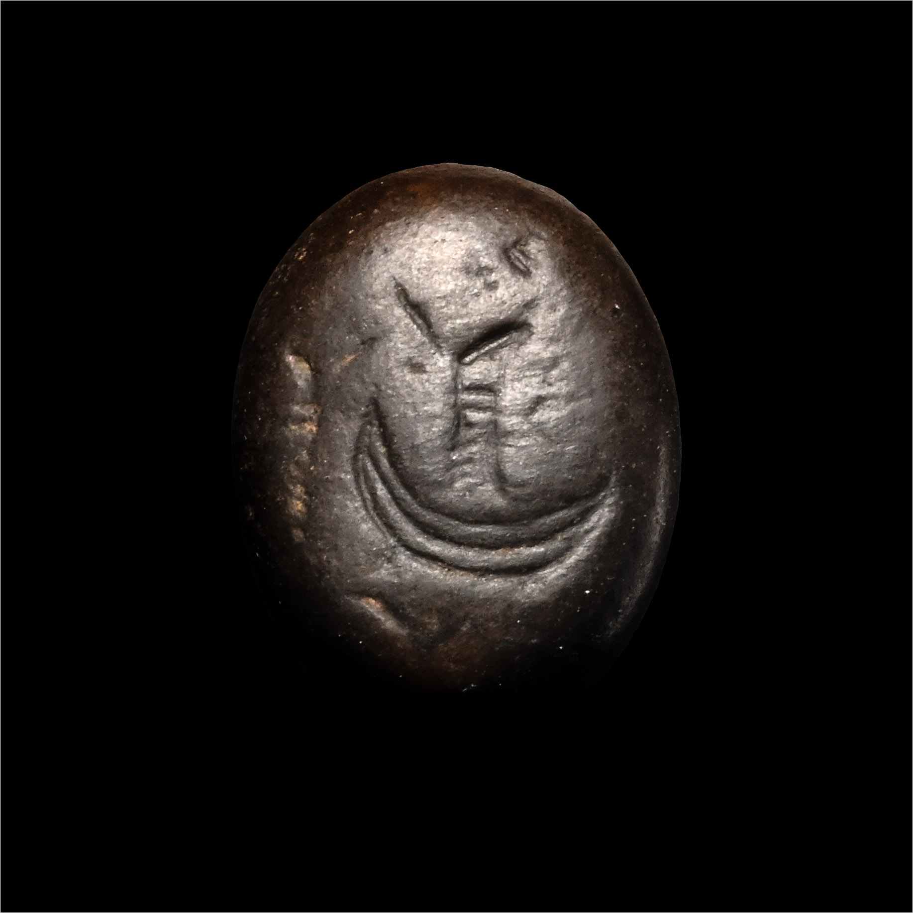 Neo-Babylonian Black Stone Stamp Seal with Figure in Boat