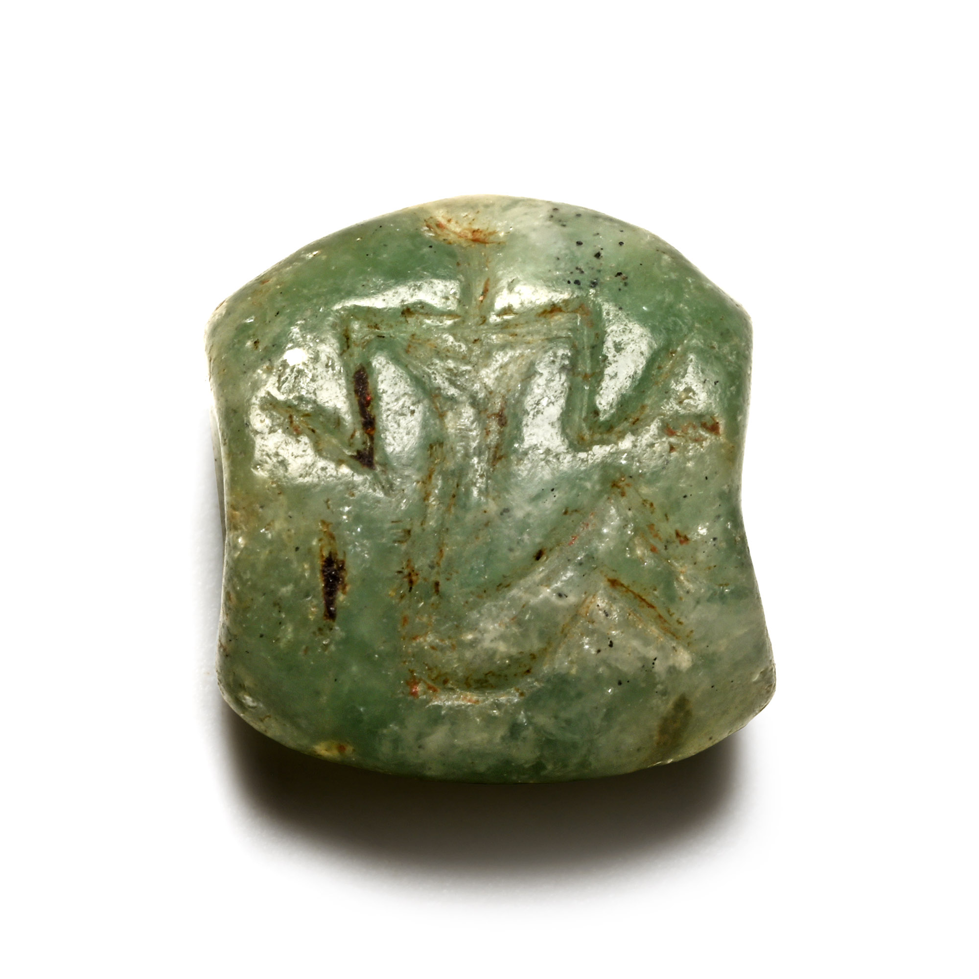 Post Minoan Bifacial Green Stone Stamp Seal with Segmented Snake