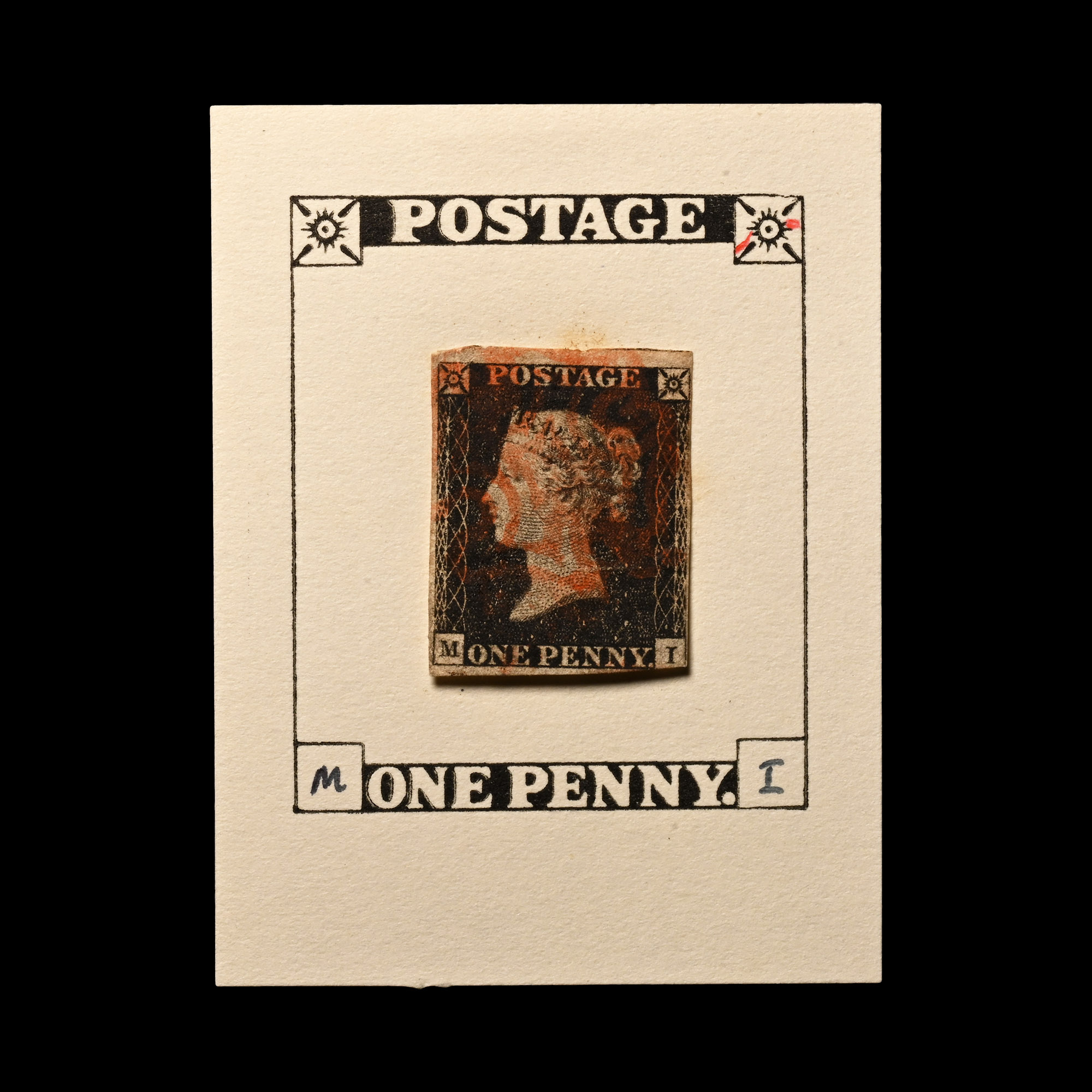 Victorian Penny Black Re-entry with Red Maltese Cross