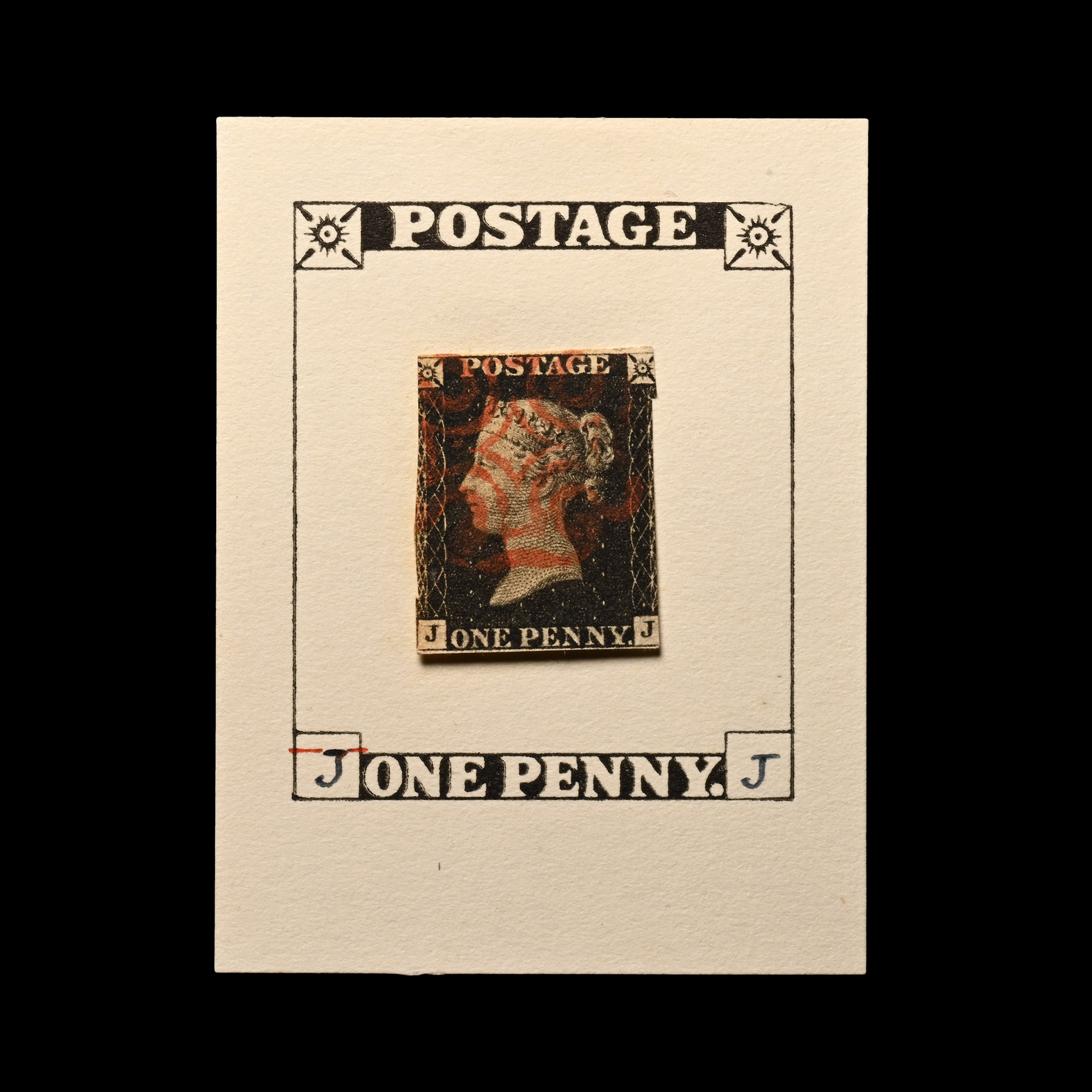 Victorian Penny Black Re-entry with Red Maltese Cross