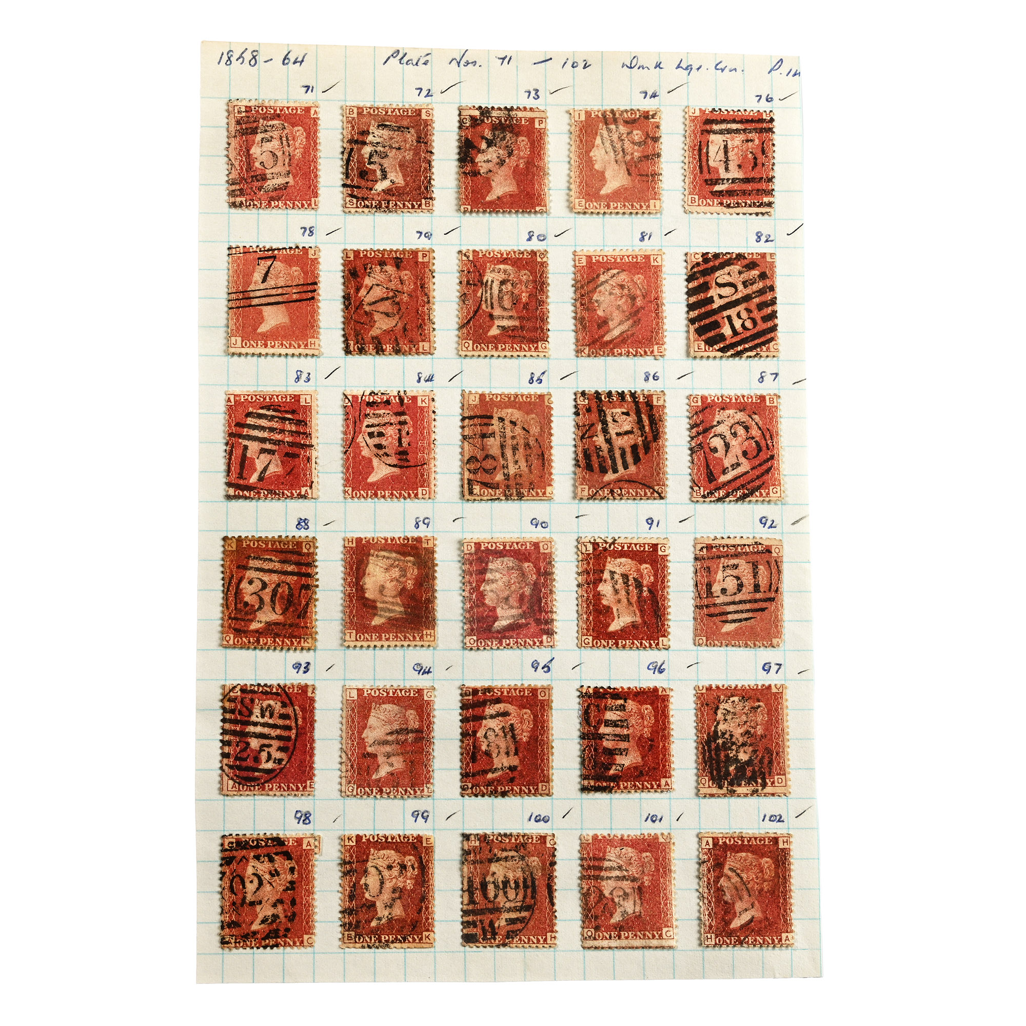 Victorian Penny Red Stamps with Plate Numbers 71 to 102