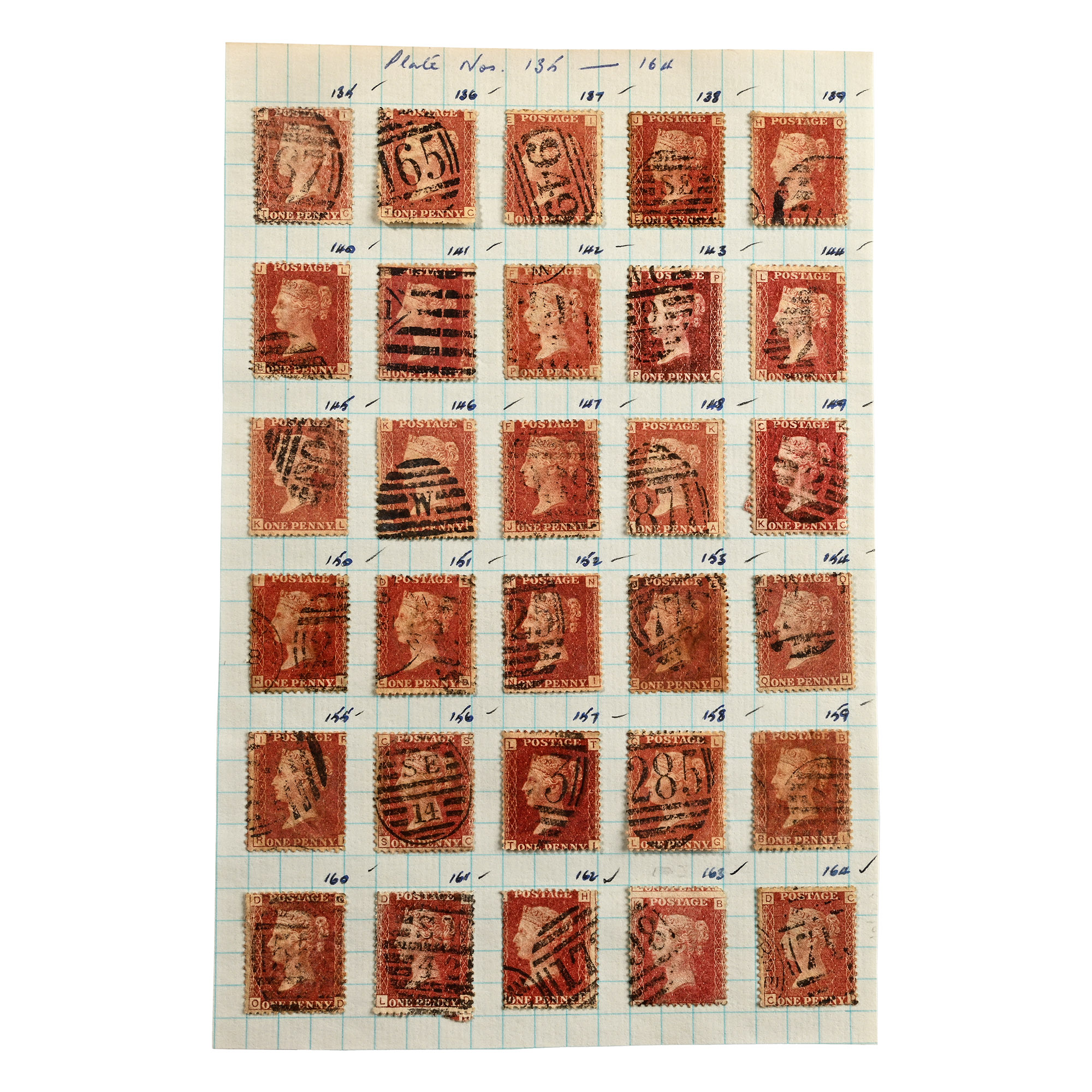 Victorian Penny Red Stamps with Plate Numbers 135 to 164