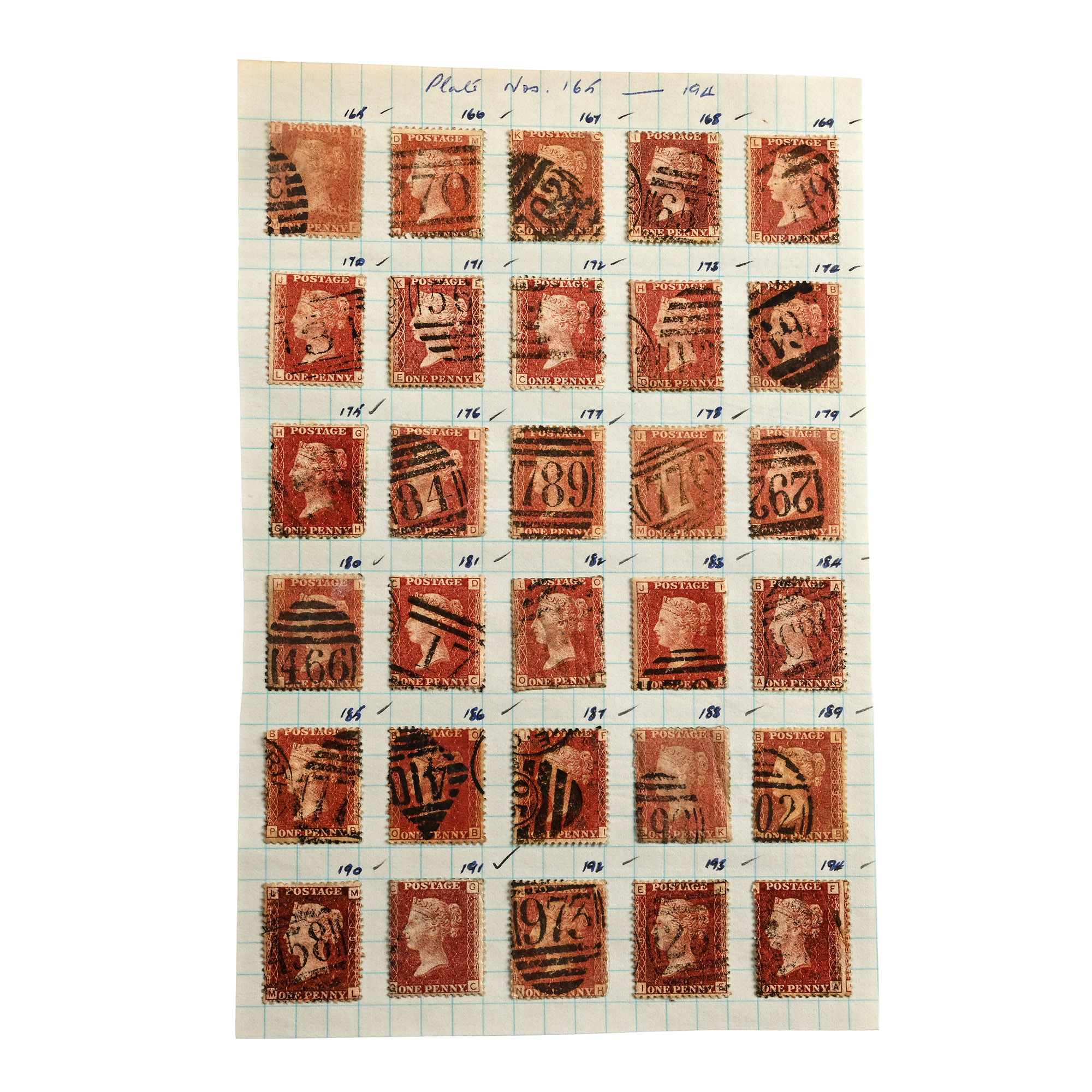 Victorian Penny Red Stamps with Plate Numbers 165 to 194