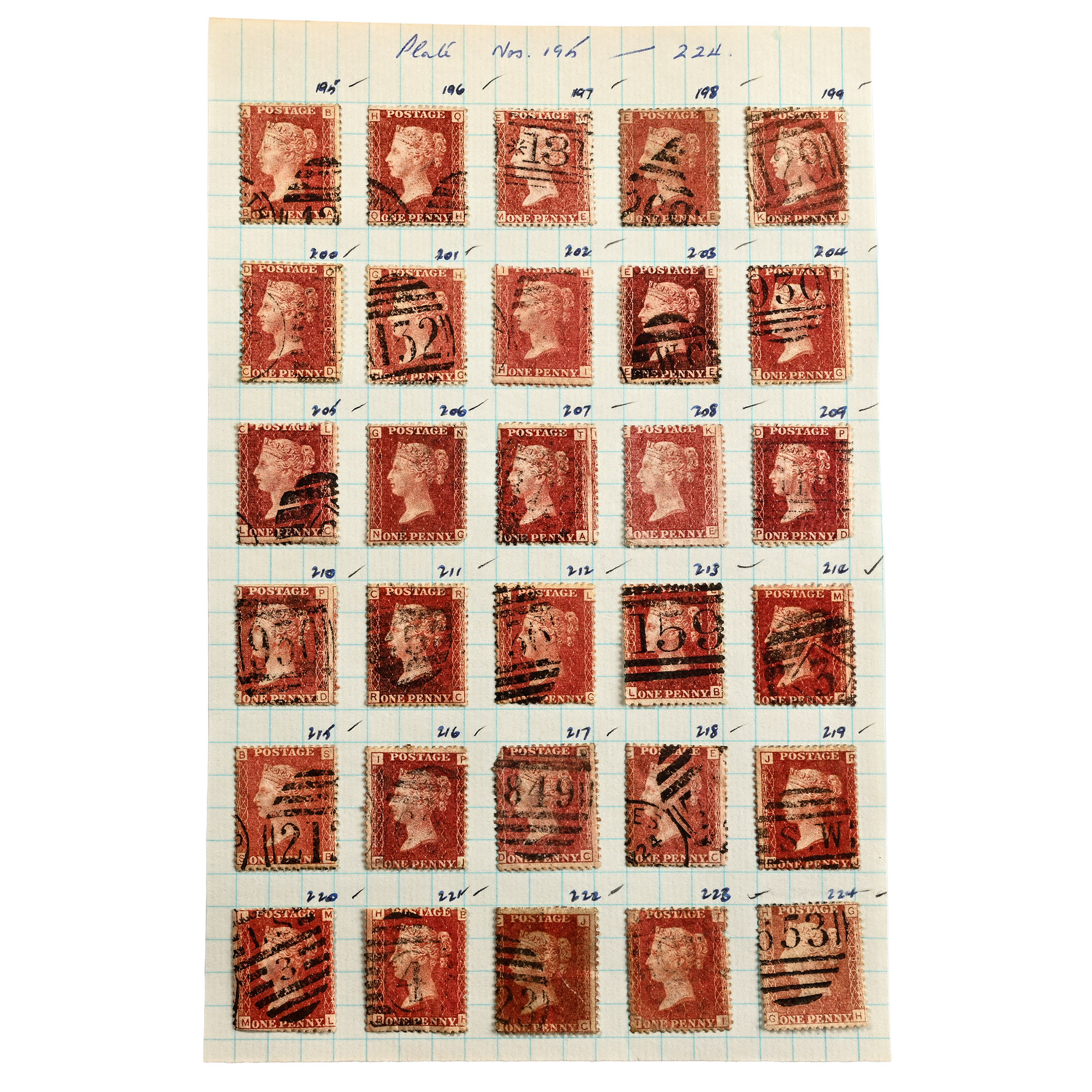 Victorian Penny Red Stamps with Plate Numbers 195 to 224