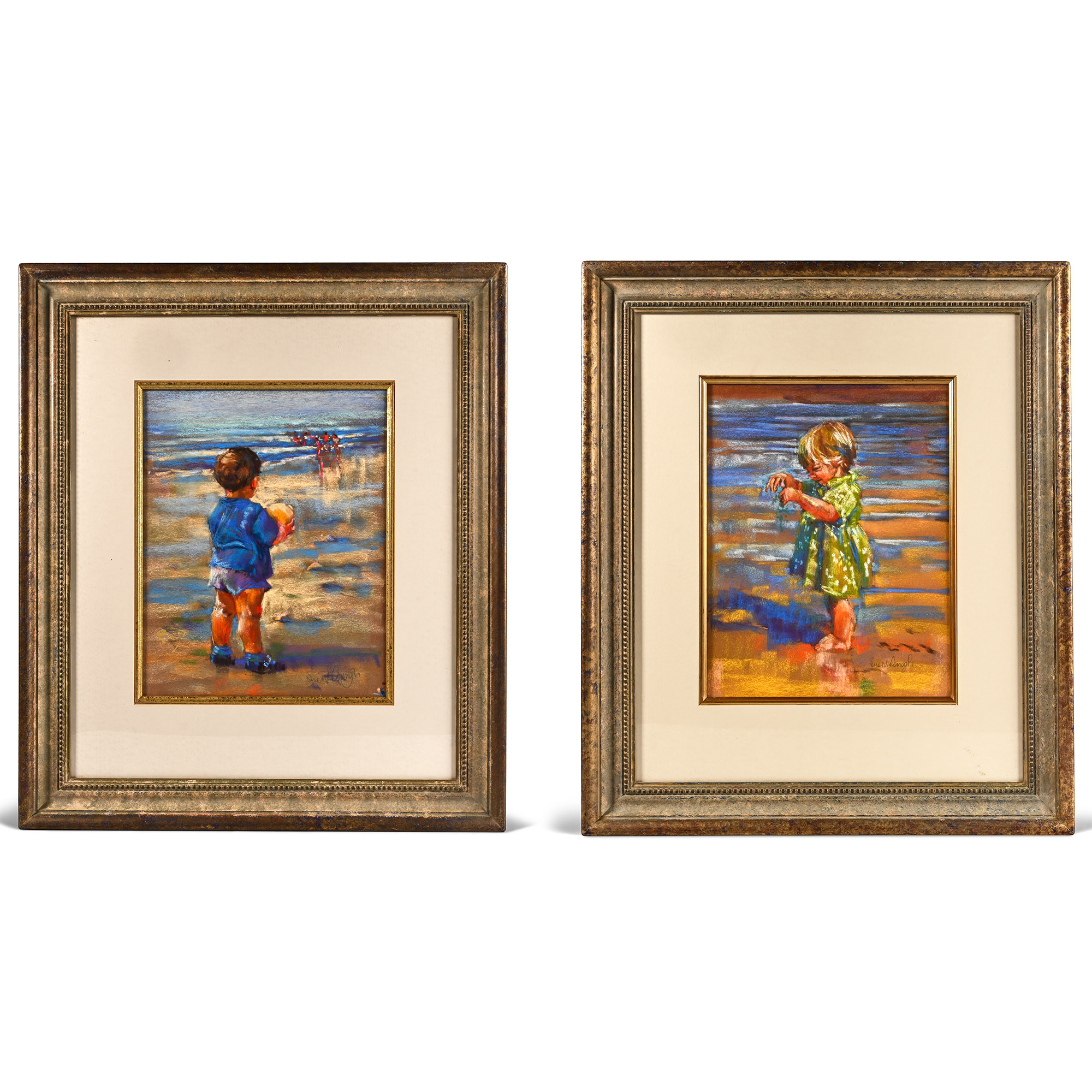 Pair of Pastel Paintings of Children on a Beach by Sue McDough